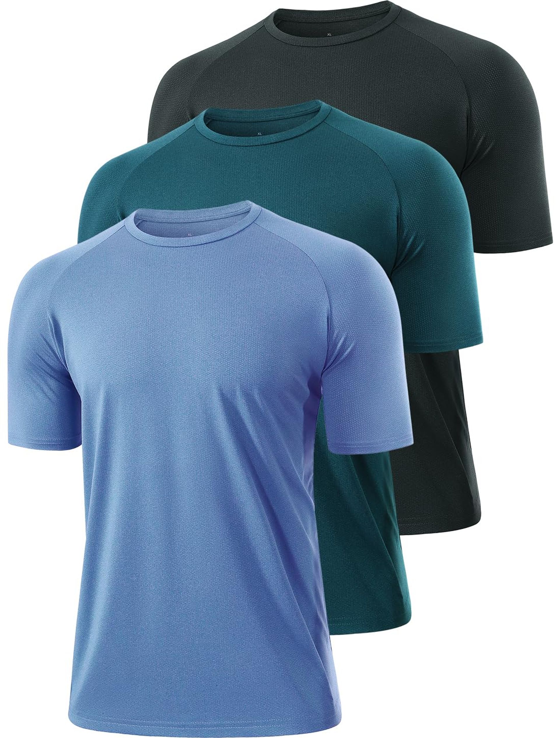 Men's 3 Pack Gym Sports Running T-Shirts Quick Dry Breathable Tops - Black/Navy/Blue 3XL