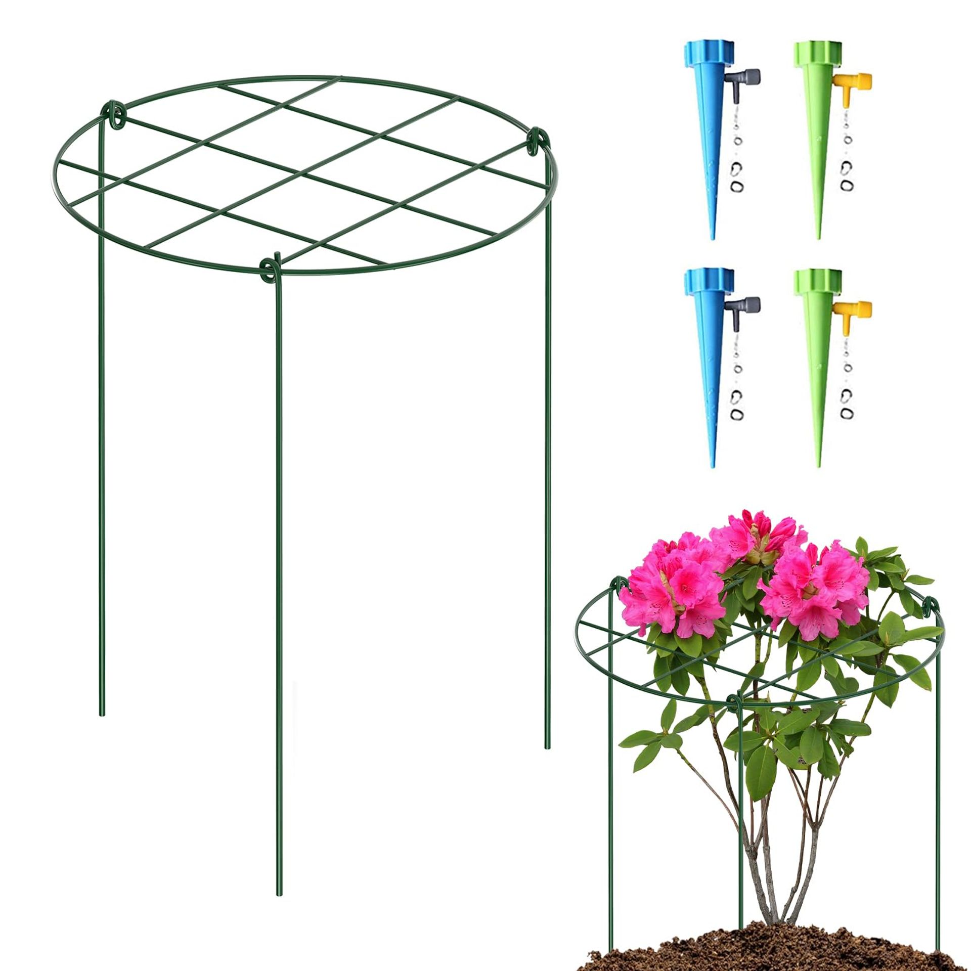 4 Pack Round Metal Grow Through Plant Supports with Self-Watering Spikes, Rustproof Garden Stakes for Flowers & Perennials, 41x30cm
