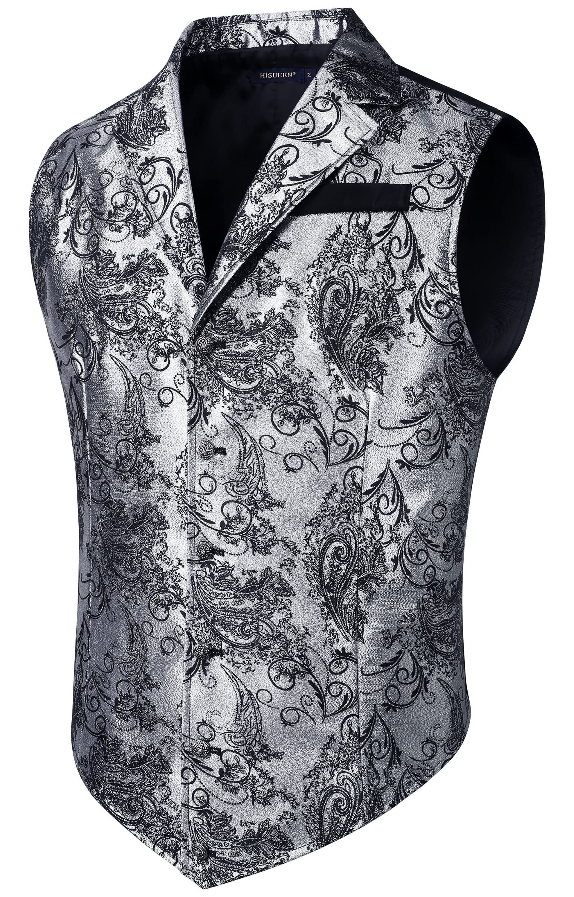 Men's Paisley Waistcoat Gothic Steampunk Vintage Lapel Vest Shiny Formal Tuxedo Gilet - Silver/Black XL