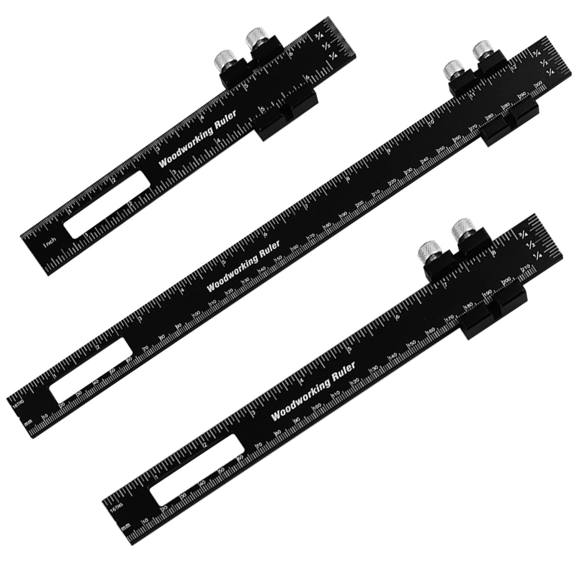 Woodworking Precision Pocket Ruler Set Metal Slide Stop Marking Metric & Inch Measuring Tool - Black 12/8/6 Inch
