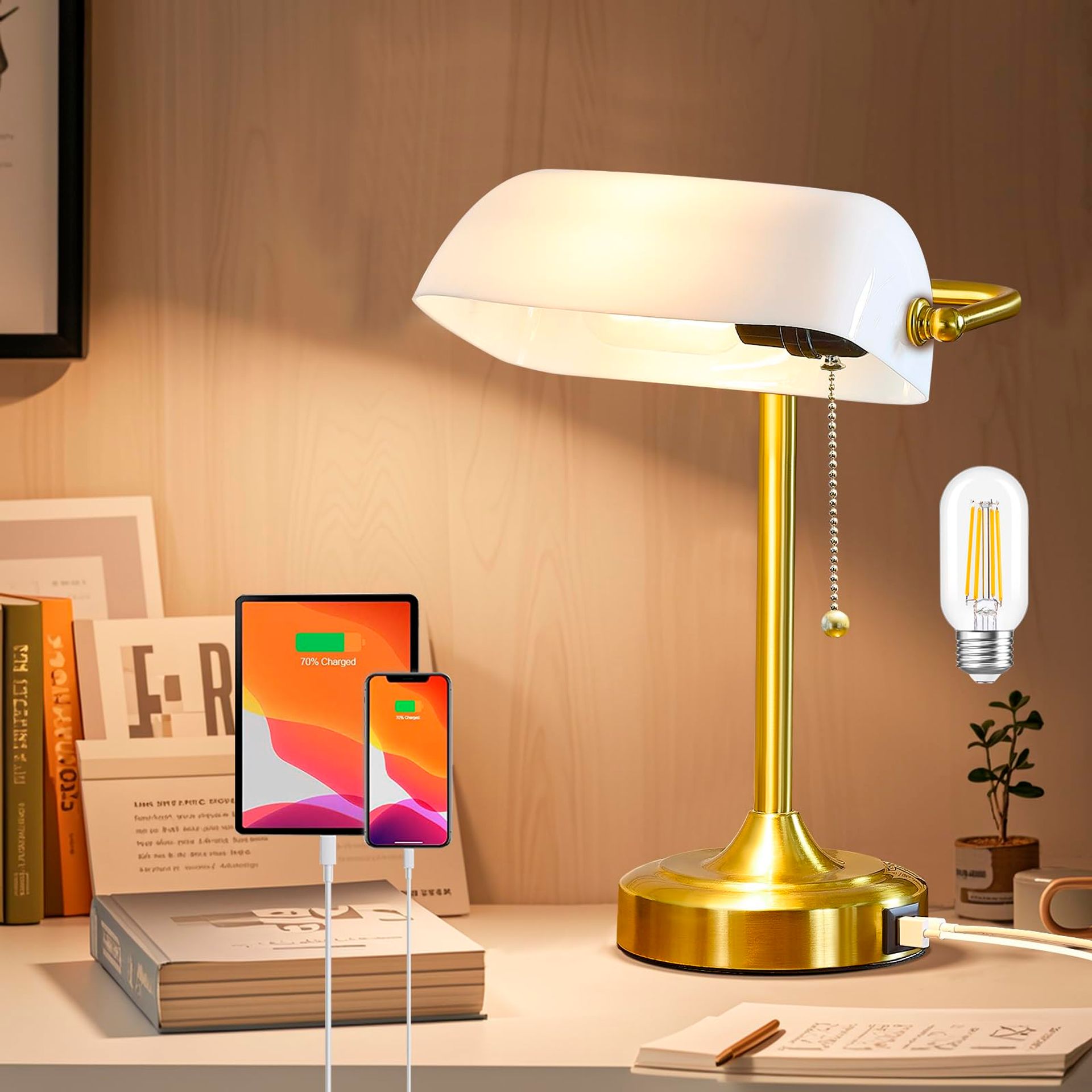Vintage Bankers Desk Lamp with USB & Type-C Charging, Pull Chain Switch – Ideal for Home, Office, or Bedside