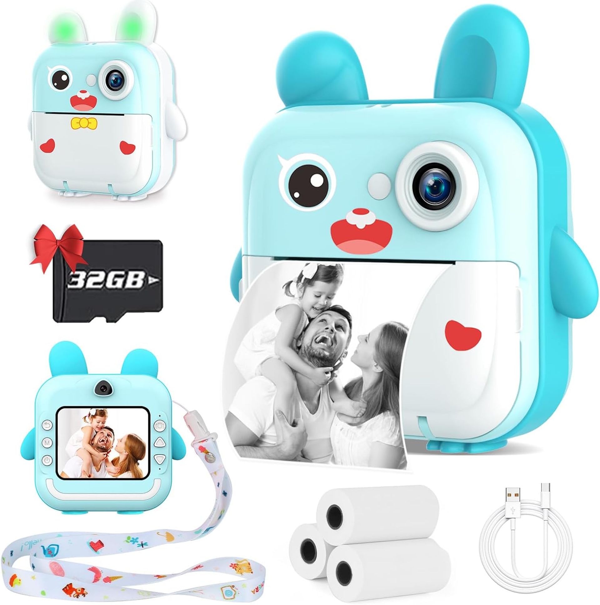 Digital Kids Camera 1080P HD Instant Print with 32GB SD Card & 3 Rolls Paper - Blue Compact - Valentines