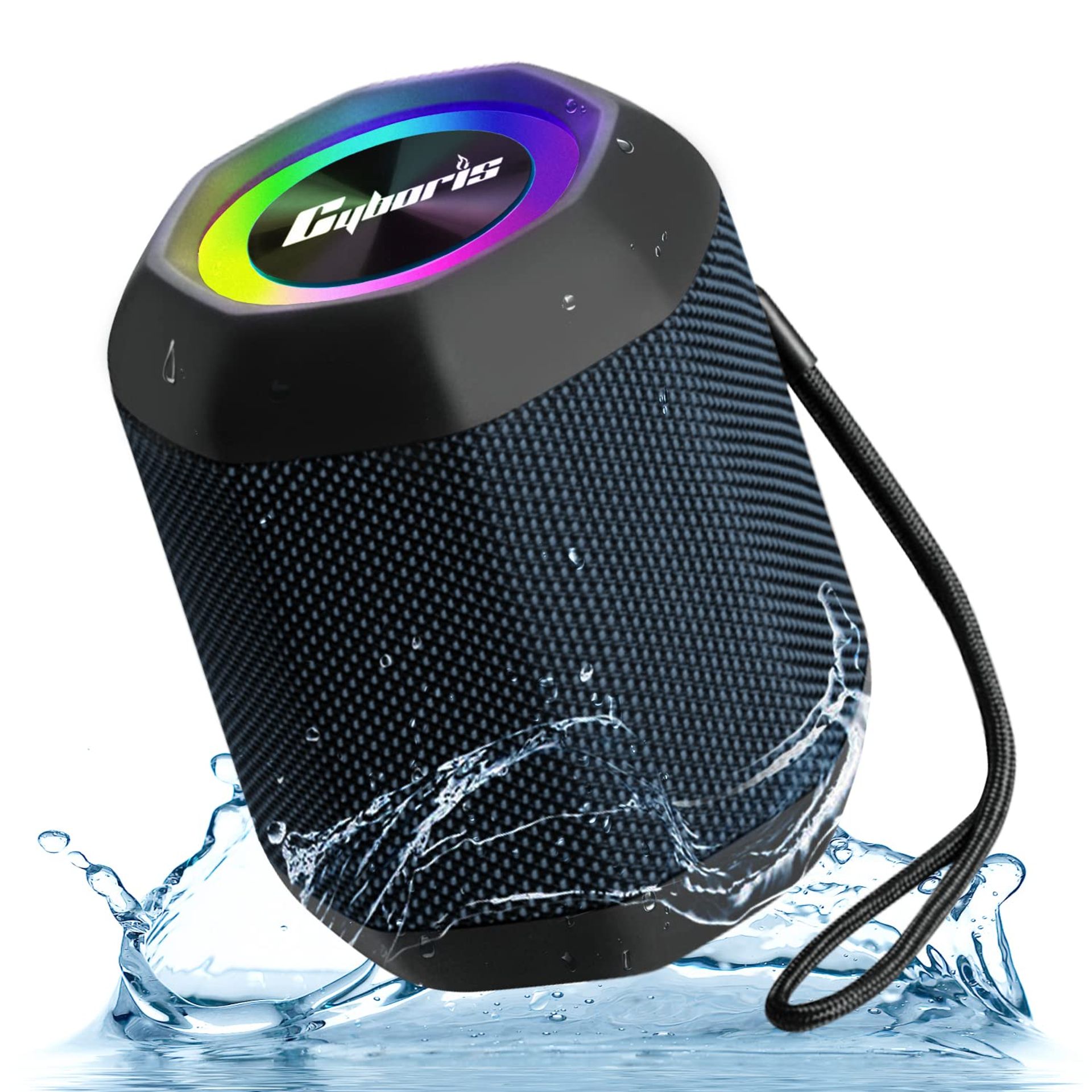 Portable Bluetooth Speaker 15W with RGB Lights, IPX7 Waterproof, Stereo Sound, Hands-Free Mic & 60ft Wireless Range