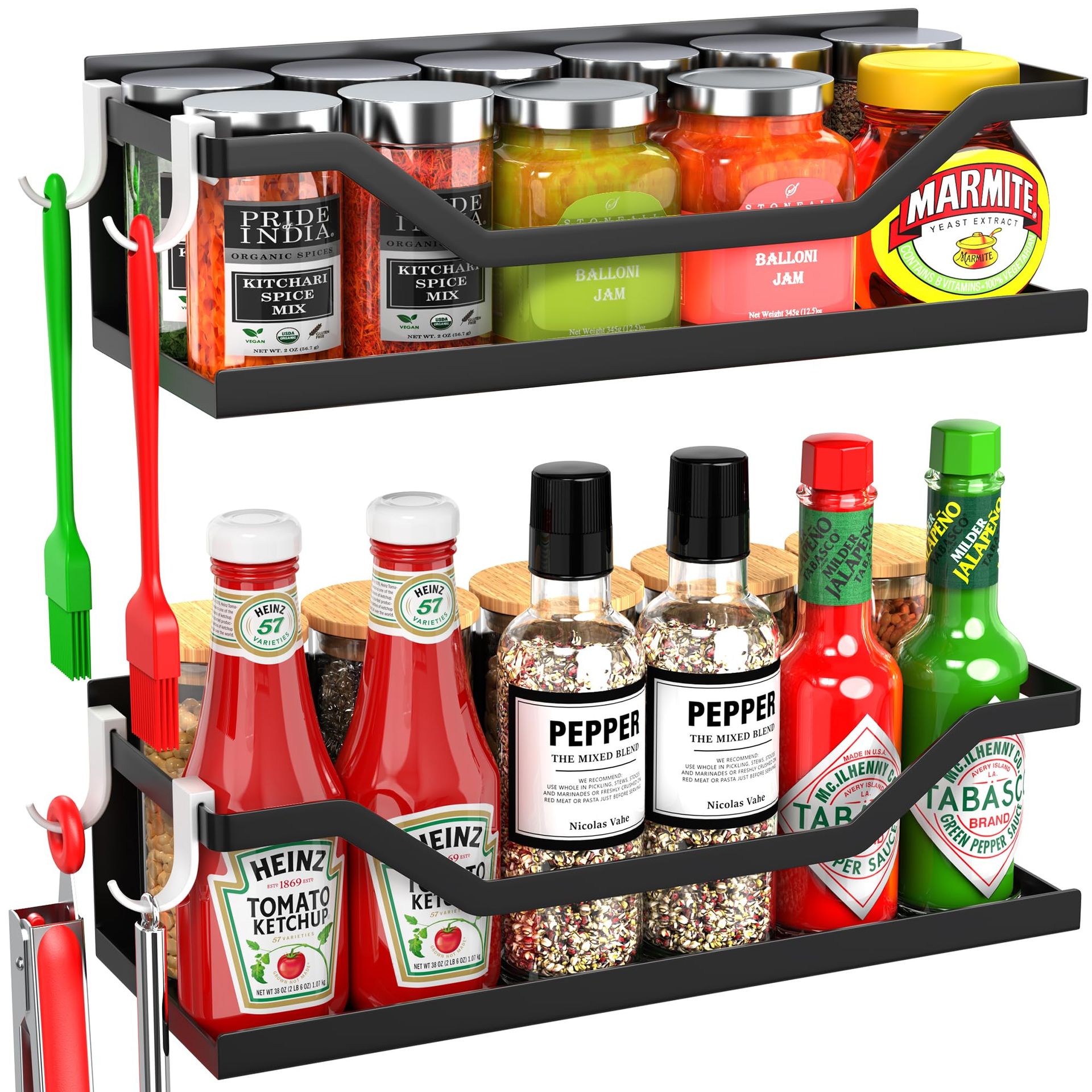 Magnetic Spice Rack Set for Fridge & Microwave, Durable White Shelves with Hooks, 2 Pack, 11.9 Inch