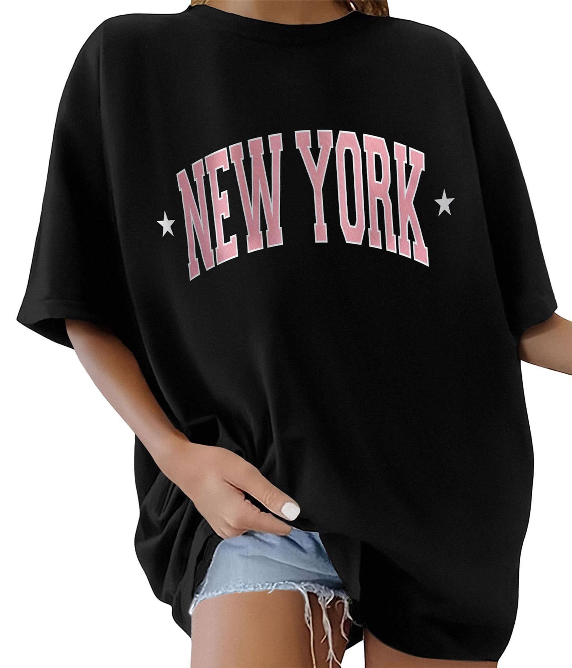 TOMEEK Women's Oversized Round Neck T-Shirt, Black, Size S - Casual Plus Size Summer Top