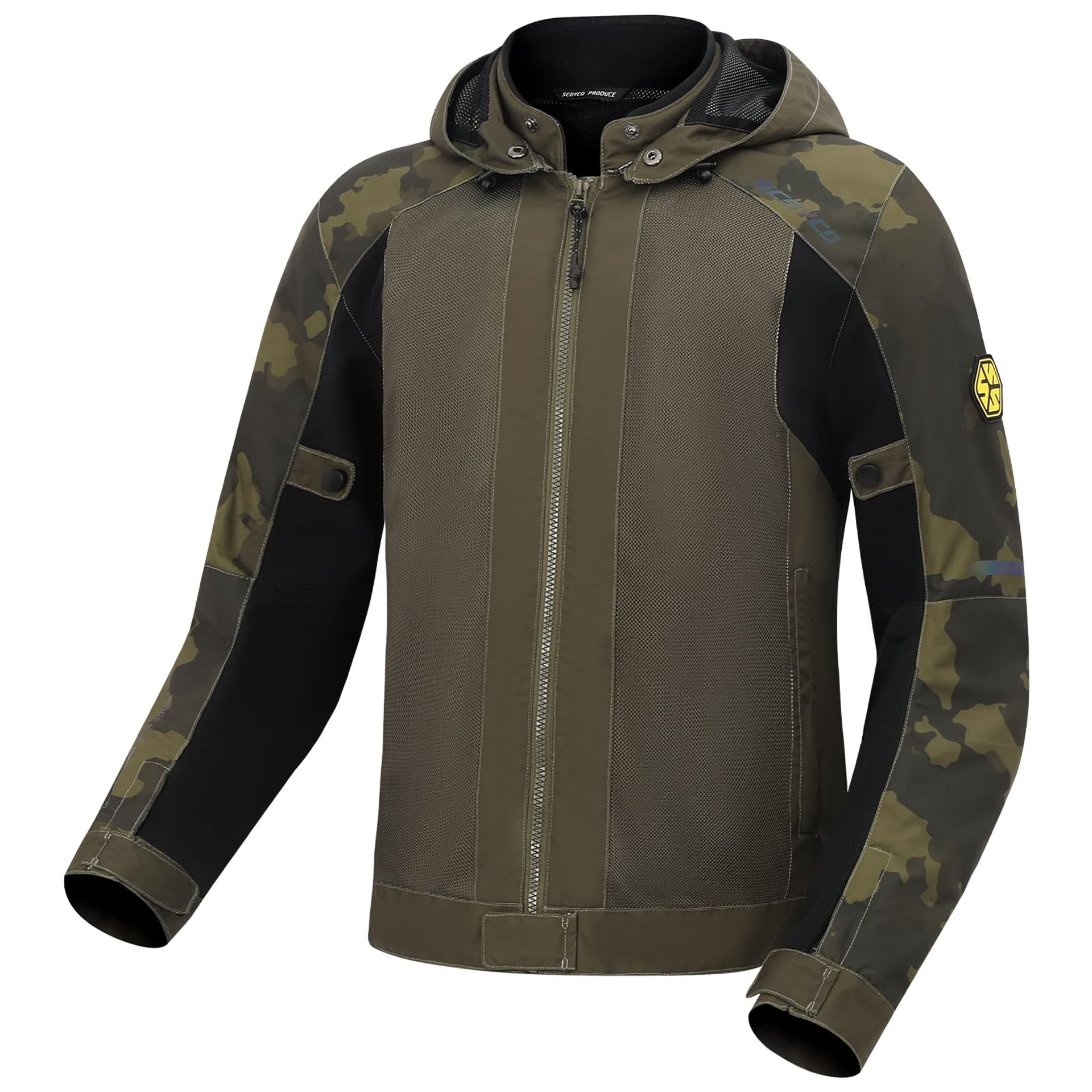 Motorcycle Jacket Armoured Cordura Textile Riding Hoodie with Camo Sleeves - Grey Green M