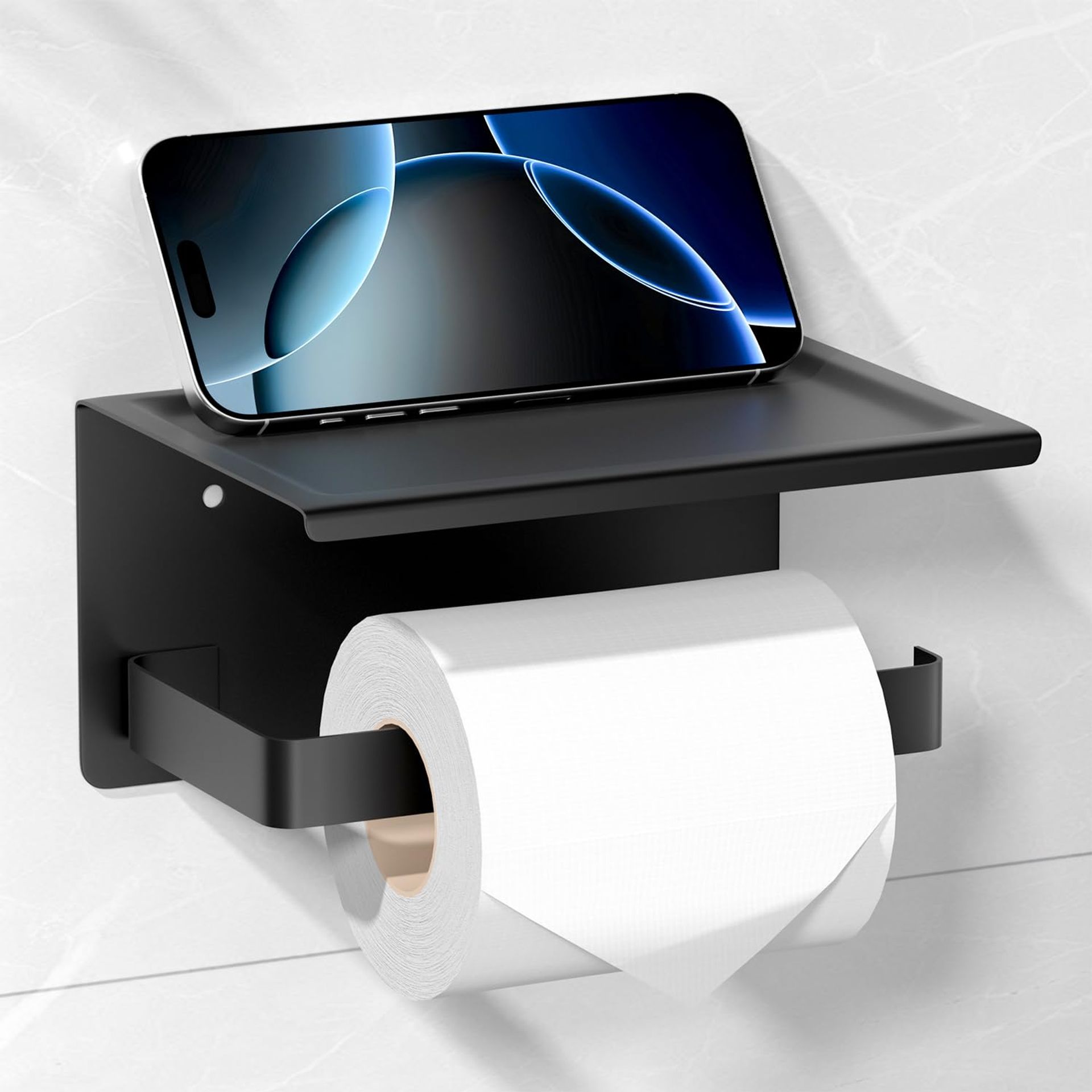 Matte Black Toilet Roll Holder with Shelf - Self Adhesive or Screw Wall Mount, Rustproof Stainless Steel