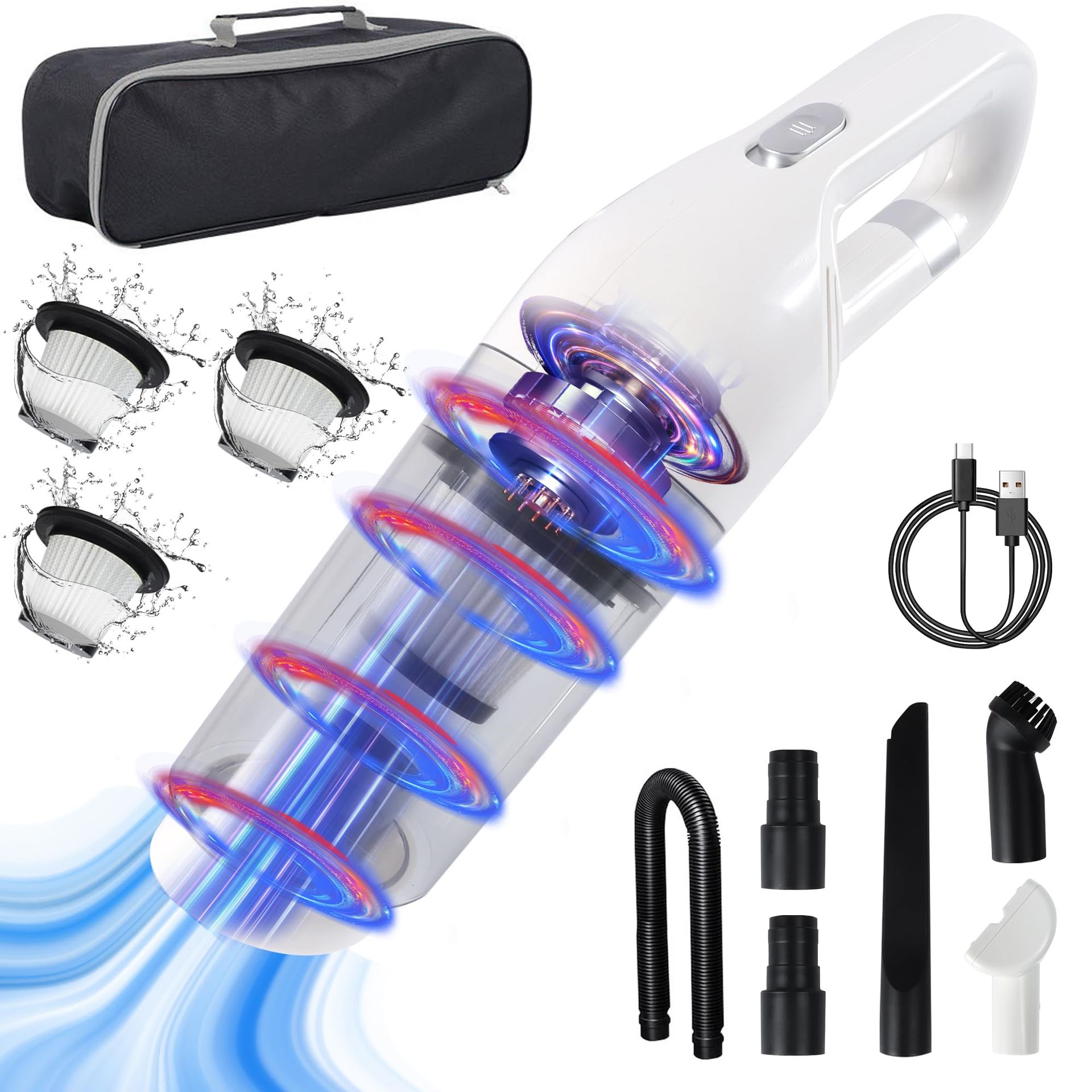 Handheld Vacuum Cleaner 10000Pa Powerful Suction Cordless Low Noise with Accessories & Storage Bag - White