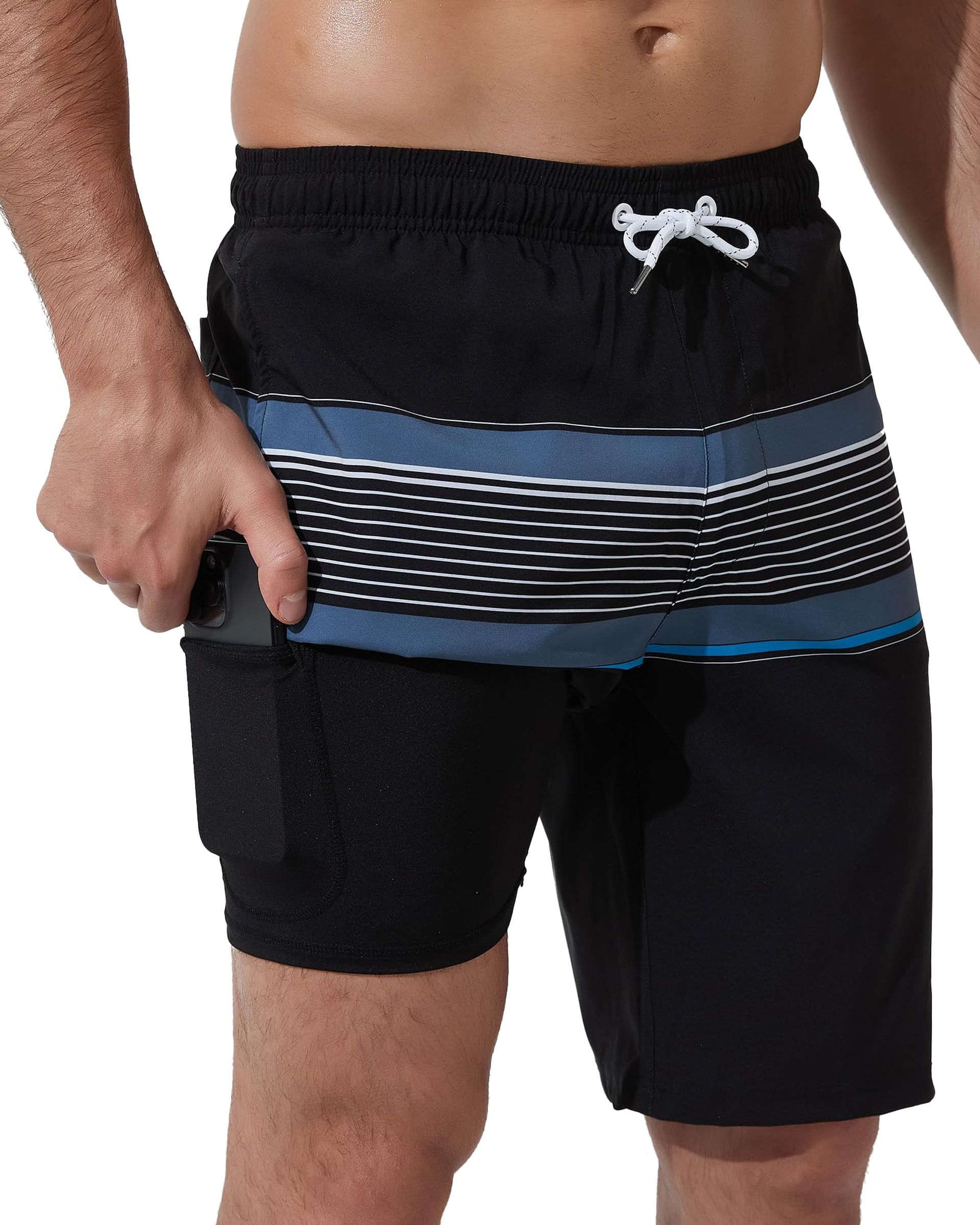Men's Swimming Shorts 2 in 1 Quick Dry Long Trunks with Compression Liner and Zip Pockets - Black Grey Pinstripe XXL