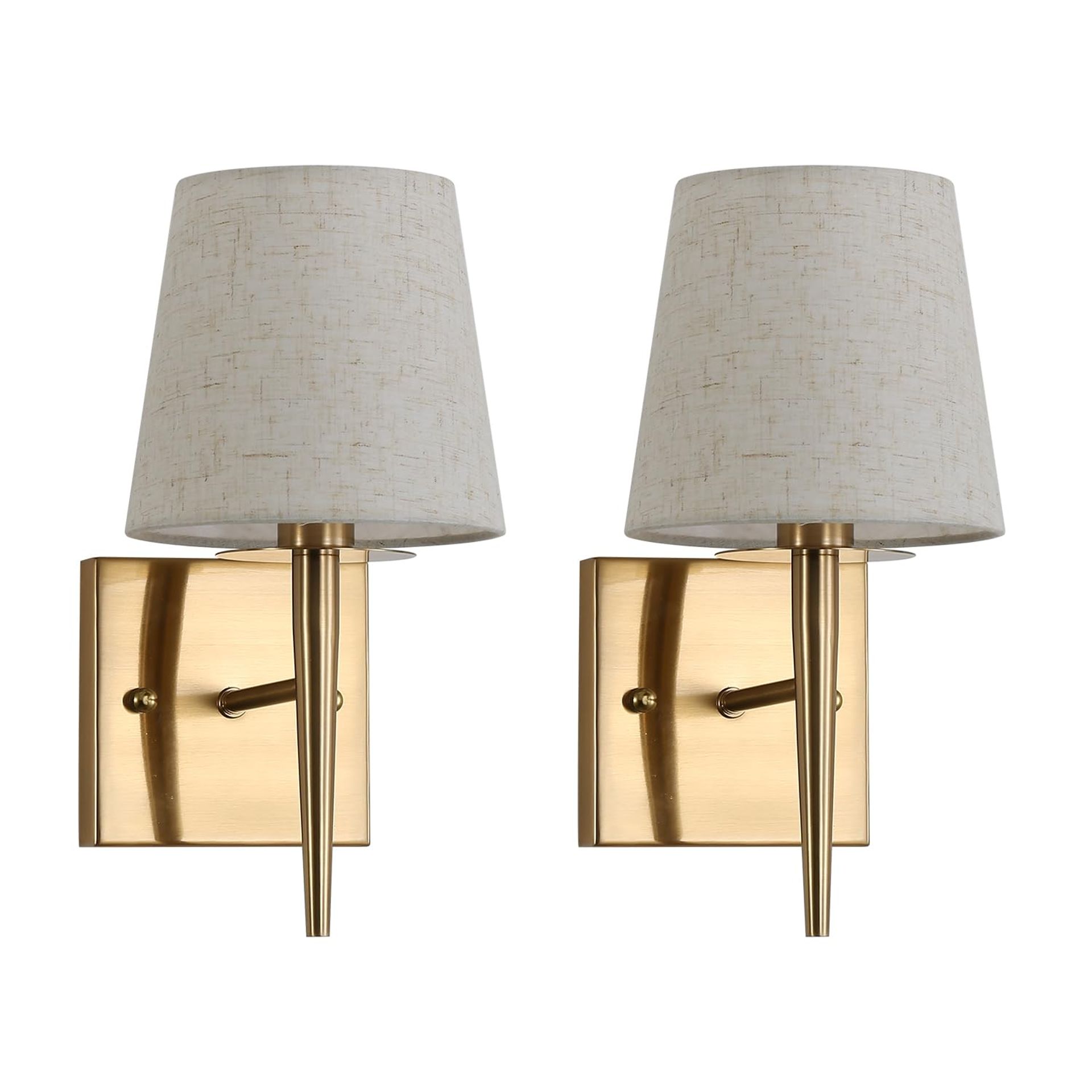 Mid-Century Modern Wall Sconce Lighting, Beige Fabric Shade, Antique Gold, Hardwired Indoor Lamp for Hallway & Bathroom - 2 Pack