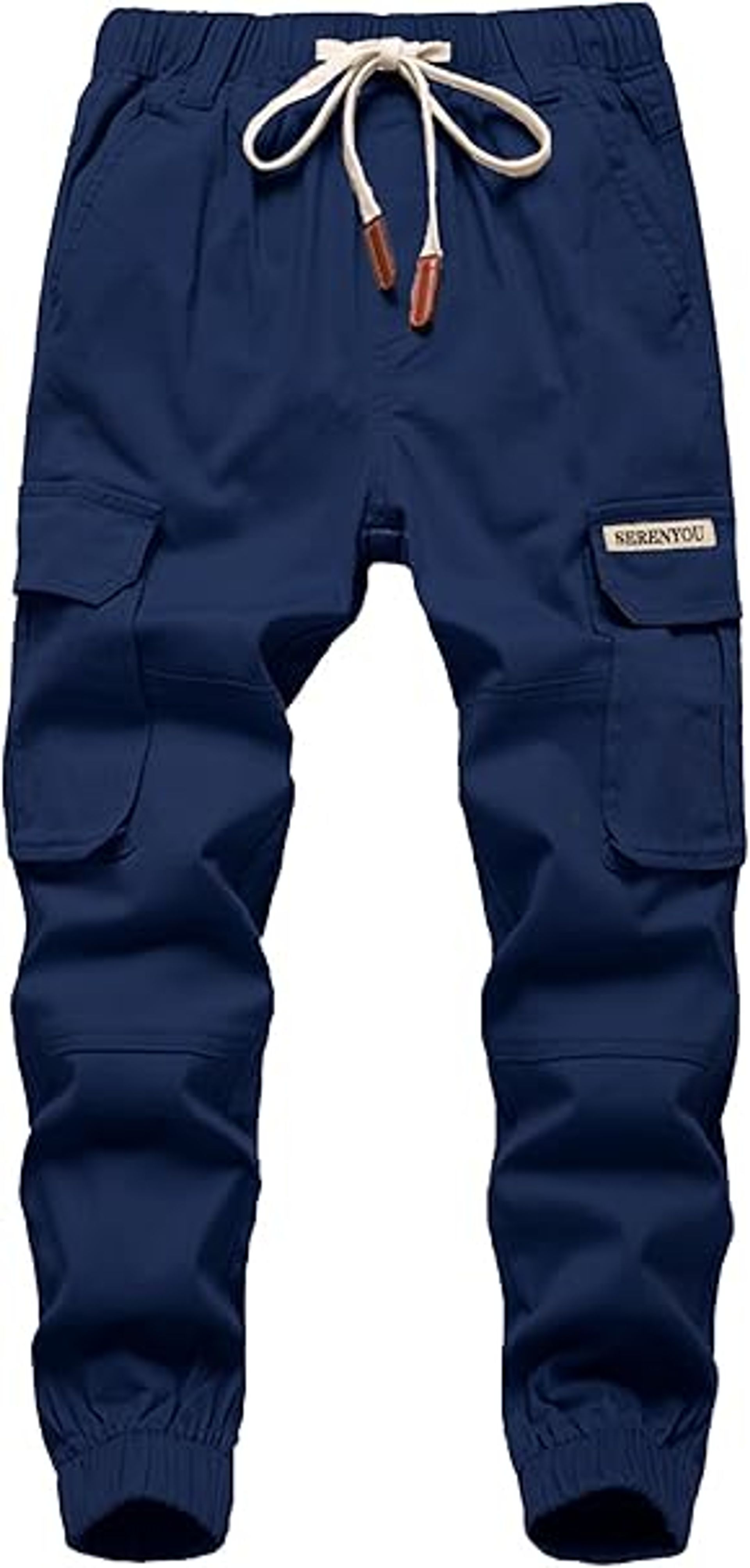 Boys Cargo Trousers Elastic Waist Joggers with Multi Pockets Durable Cotton - Navy 9-10 Years