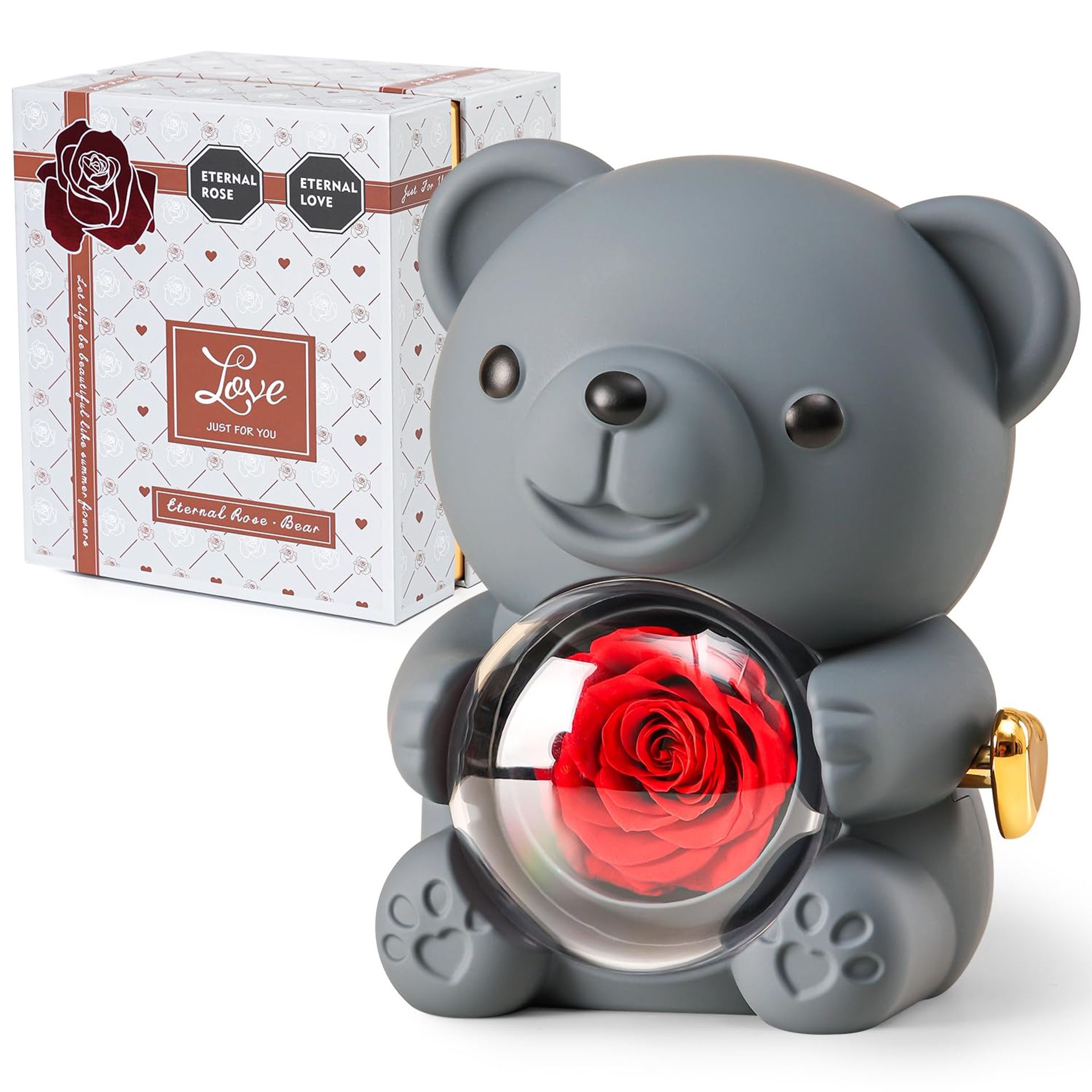 Teddy Bear with Preserved Real Rose Gift Set Heart Necklace & Gift Box – Grey Grey Box - Valentines