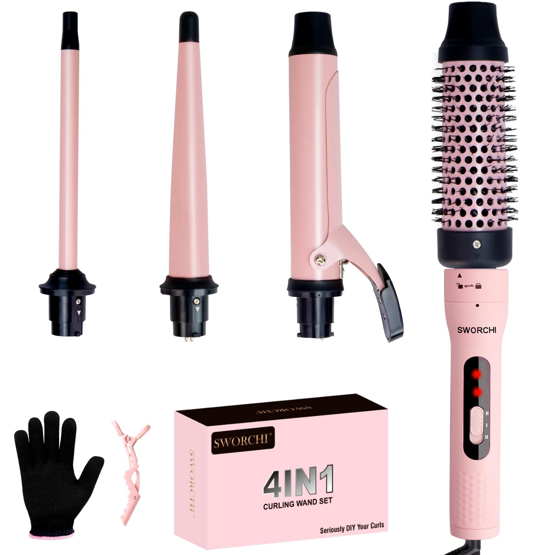 4 in 1 Ceramic Curling Wand Set with Straightener Brush - Versatile Hairstyles & Rapid Heating