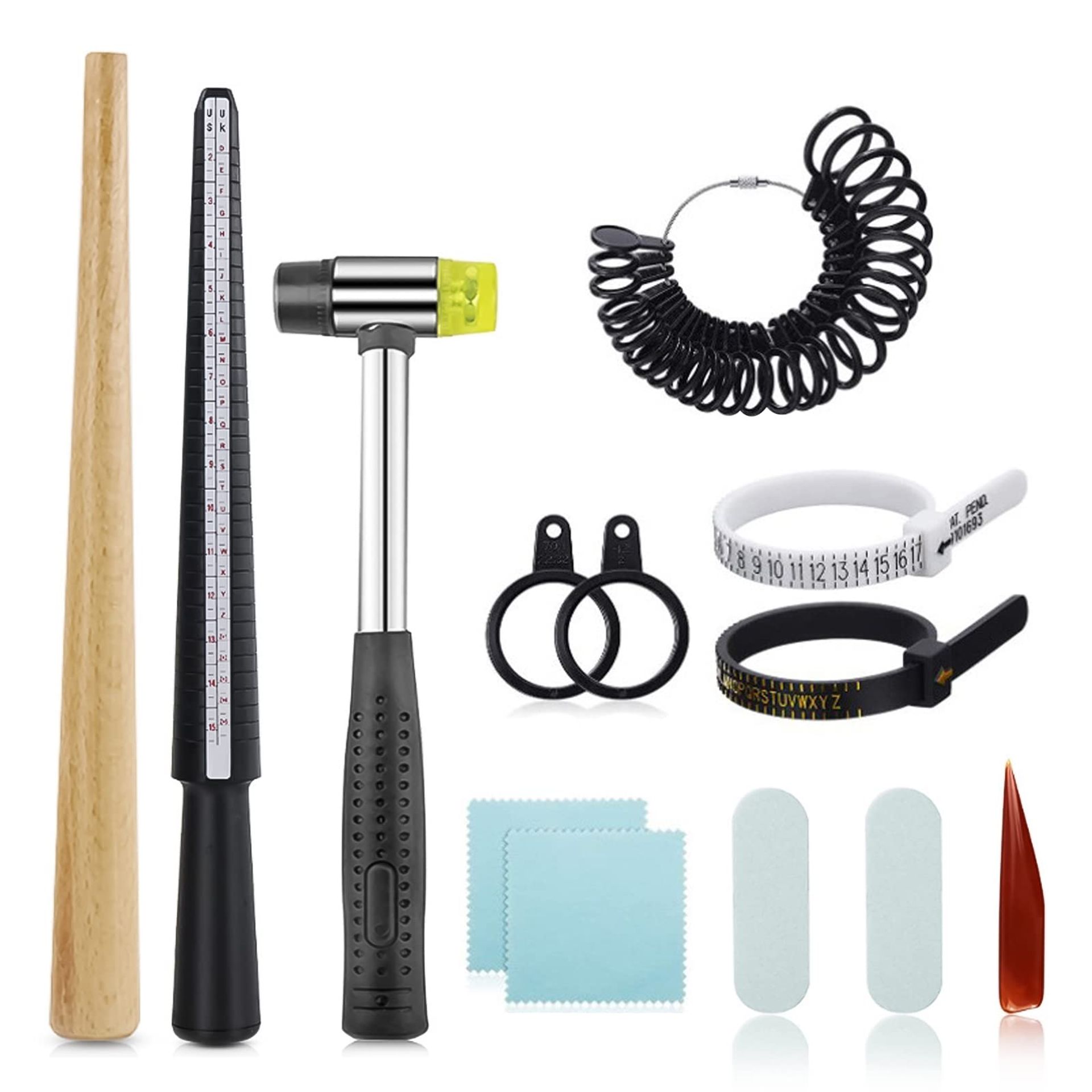 11 Piece Ring Sizer & Jewellery Making Kit with Mandrel, Hammer & Tools – Multi-Unit Measuring Gauge for DIY Ring Resizing & Repair
