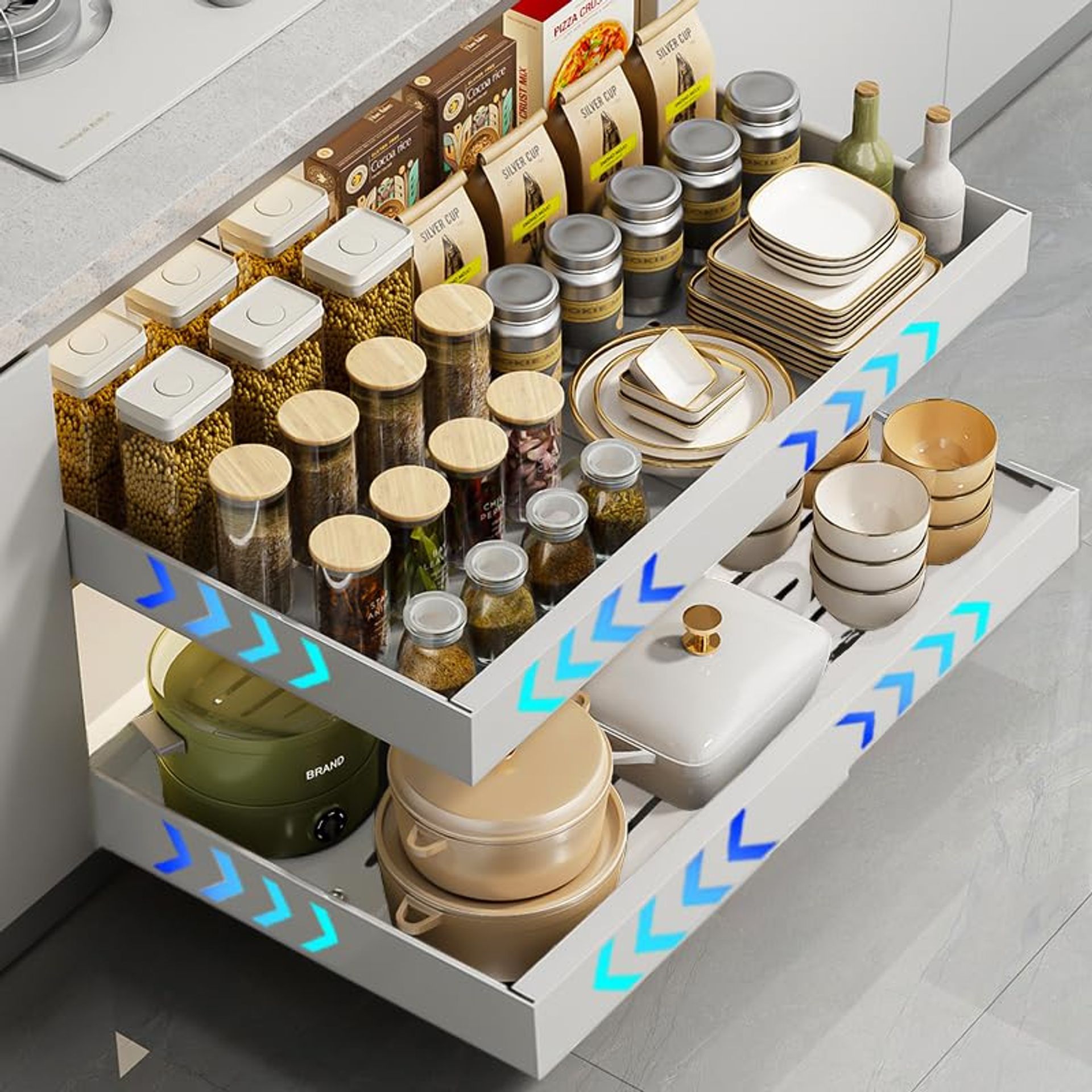 Expandable Pull-Out Cabinet Drawer Organiser with Adhesive Nano Film, Heavy Duty Sliding Shelf for Kitchen & Home Storage - White