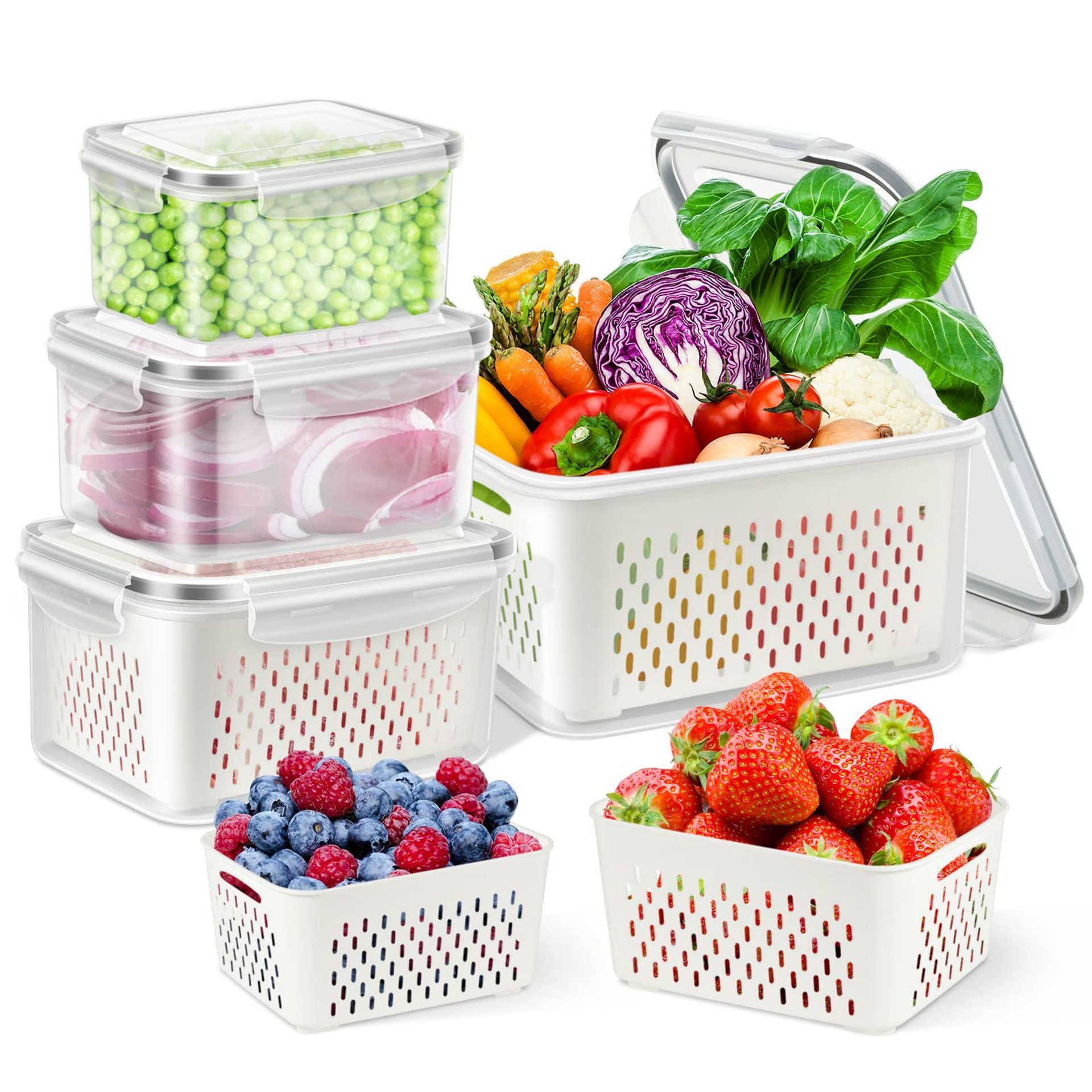 Fruit and Vegetable Storage Containers for Fridge 4 Pack Stackable Organiser Boxes with Colander Inserts - Transparent BXH-4G - Spring Refresh