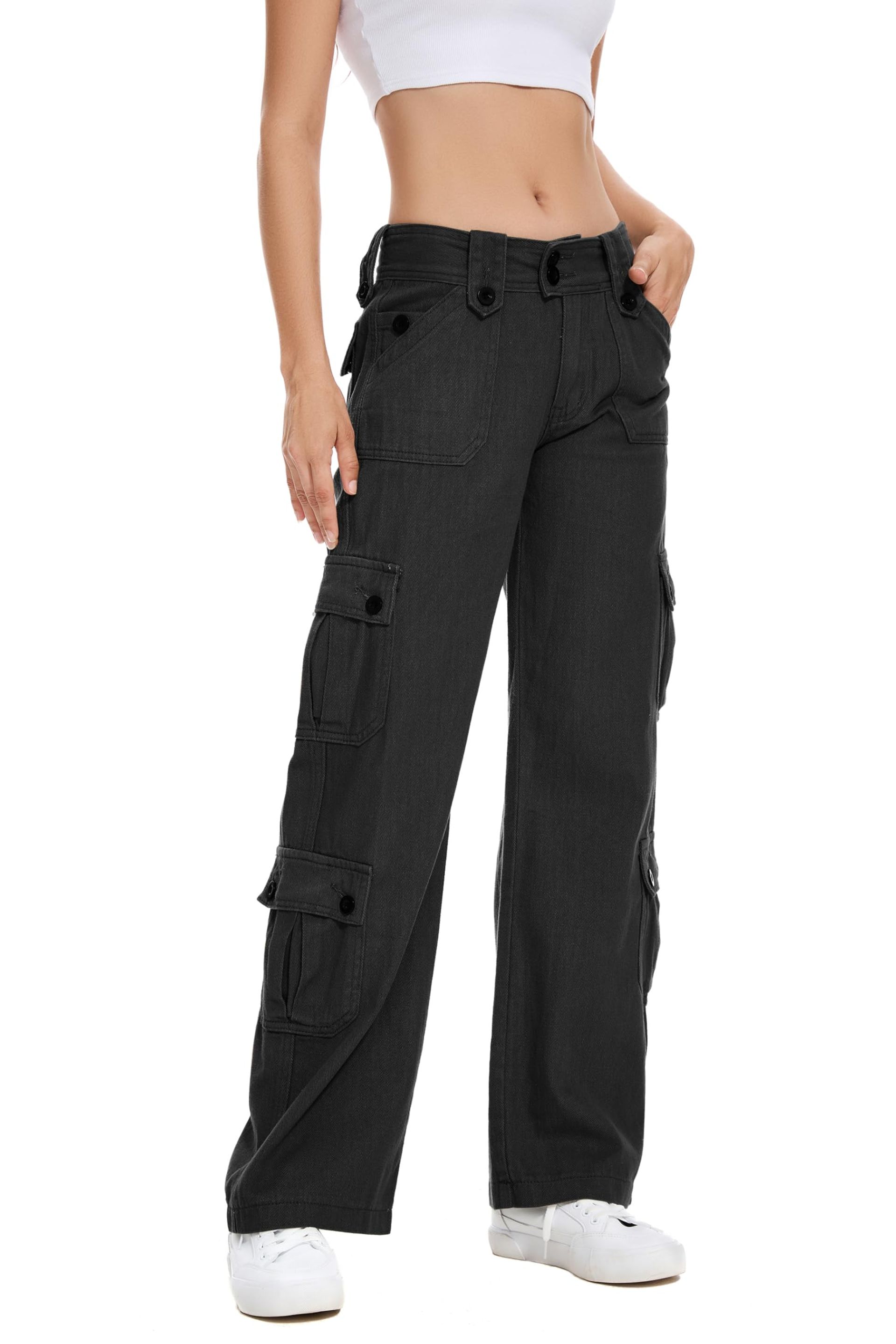Women's Low Rise Cargo Jeans Y2K Style – Loose Fit Wide Leg Multi-Pocket Combat Trousers for Streetwear & Outdoor Fashion, Grey, L