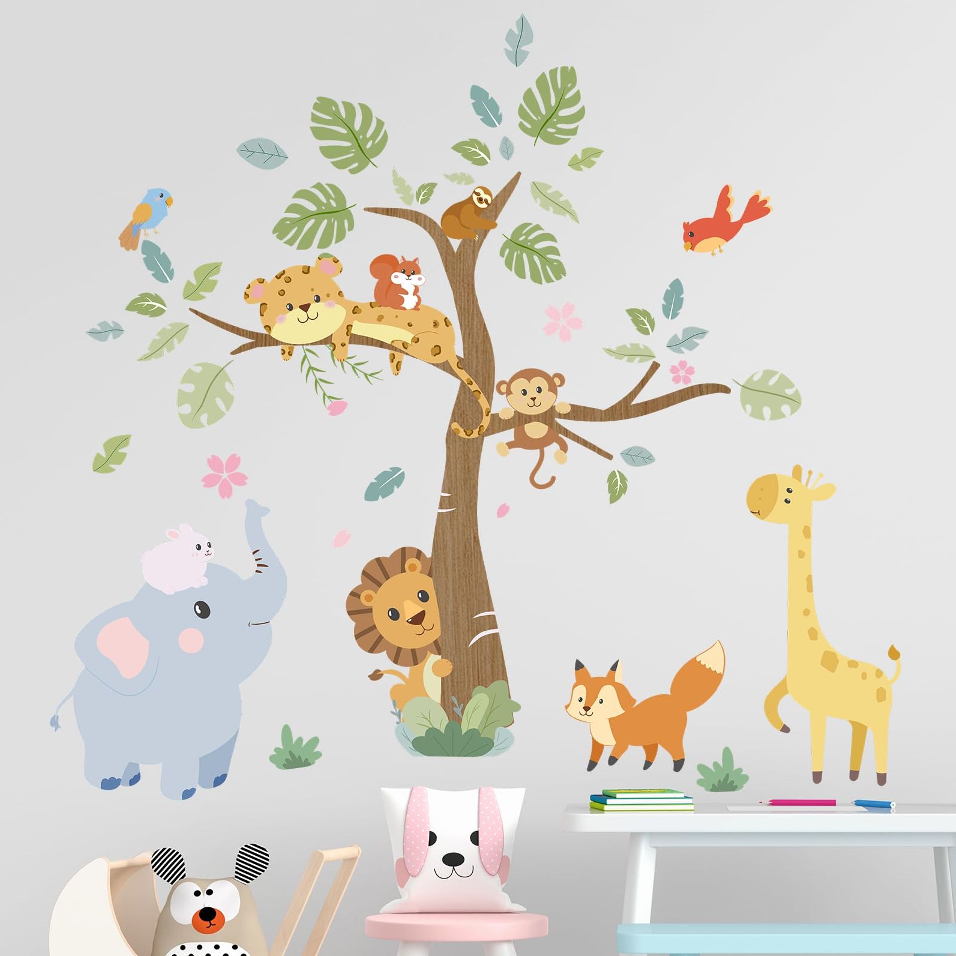 Jungle Animals Wall Stickers: Peel & Stick Elephant, Lion, Monkey, Sloth Decals for Kids 1-12