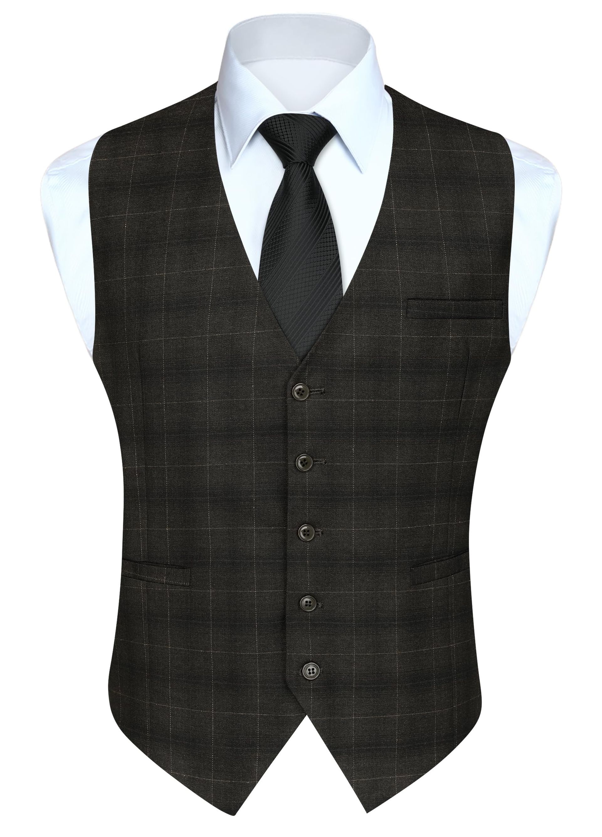 Men's Formal Waistcoat Classic Plaid Check Cotton Vest for Weddings & Business - Brown S