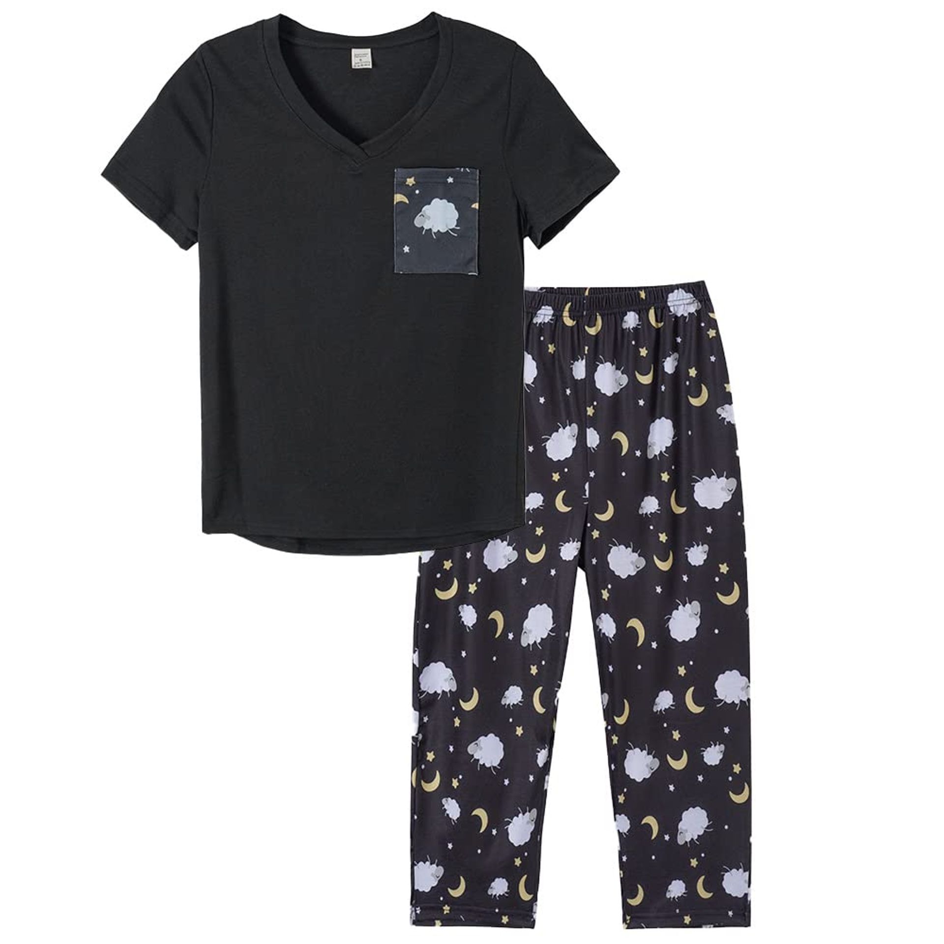 Women's Pyjama Set V-Neck Short Sleeve Top & Sheep Print Capri Pants Loungewear - Soft, Lightweight Sleepwear