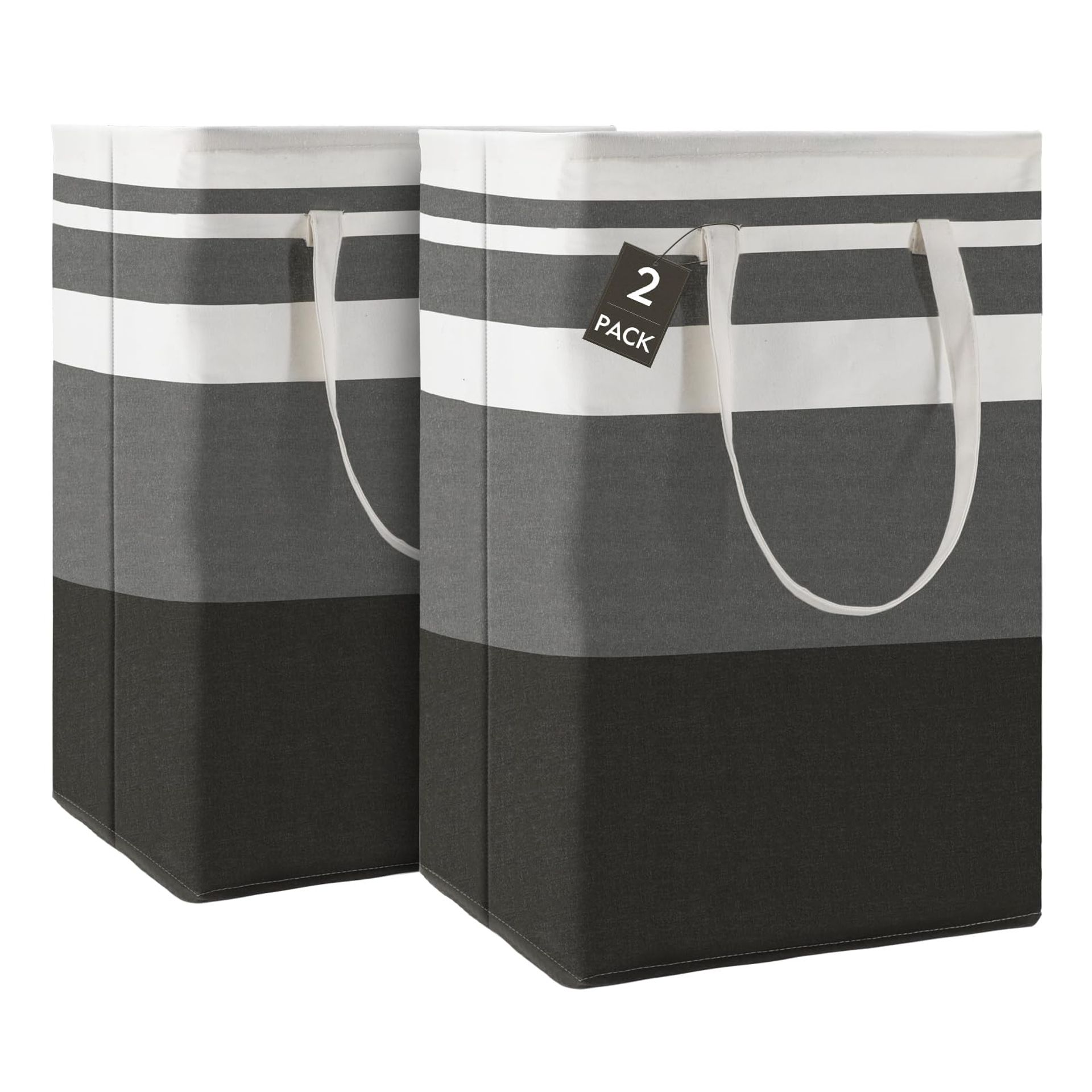 80L 2-Pack Collapsible Laundry Baskets with Extended Handles, Large Freestanding Cotton Hampers in Gradient Grey