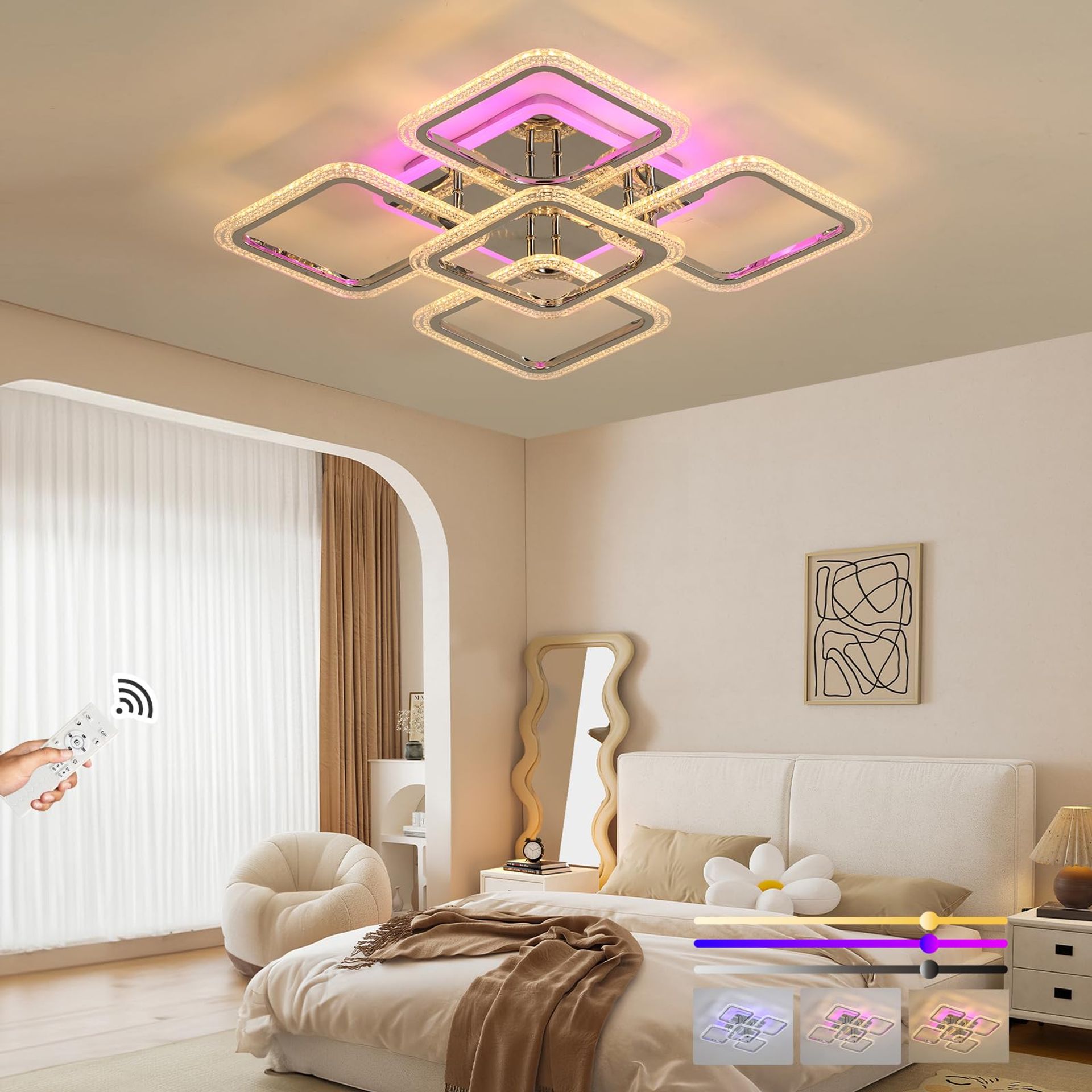 Modern LED Ceiling Light 80W Dimmable with Remote Control 3000–6000K for Bedroom & Kitchen - Chrome A-style