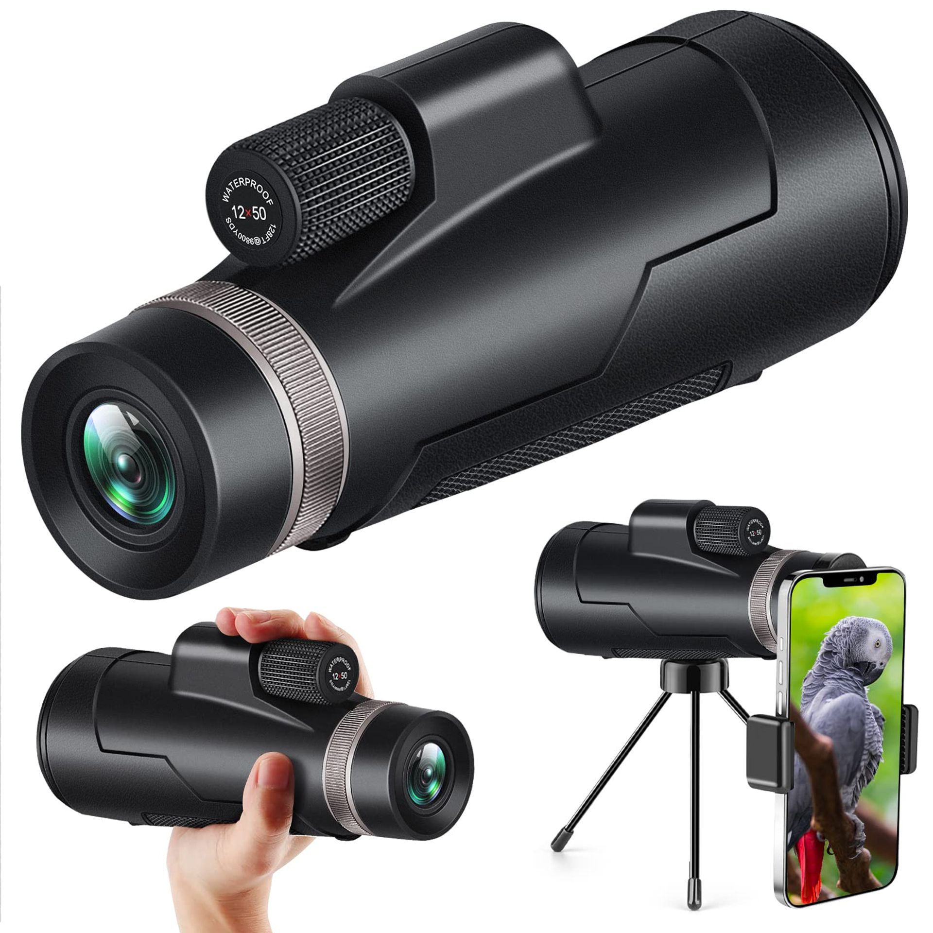 High Power Monocular Telescope 12x50 with Phone Holder and Tripod for Bird Watching, Hunting, Travelling - Black jf-5