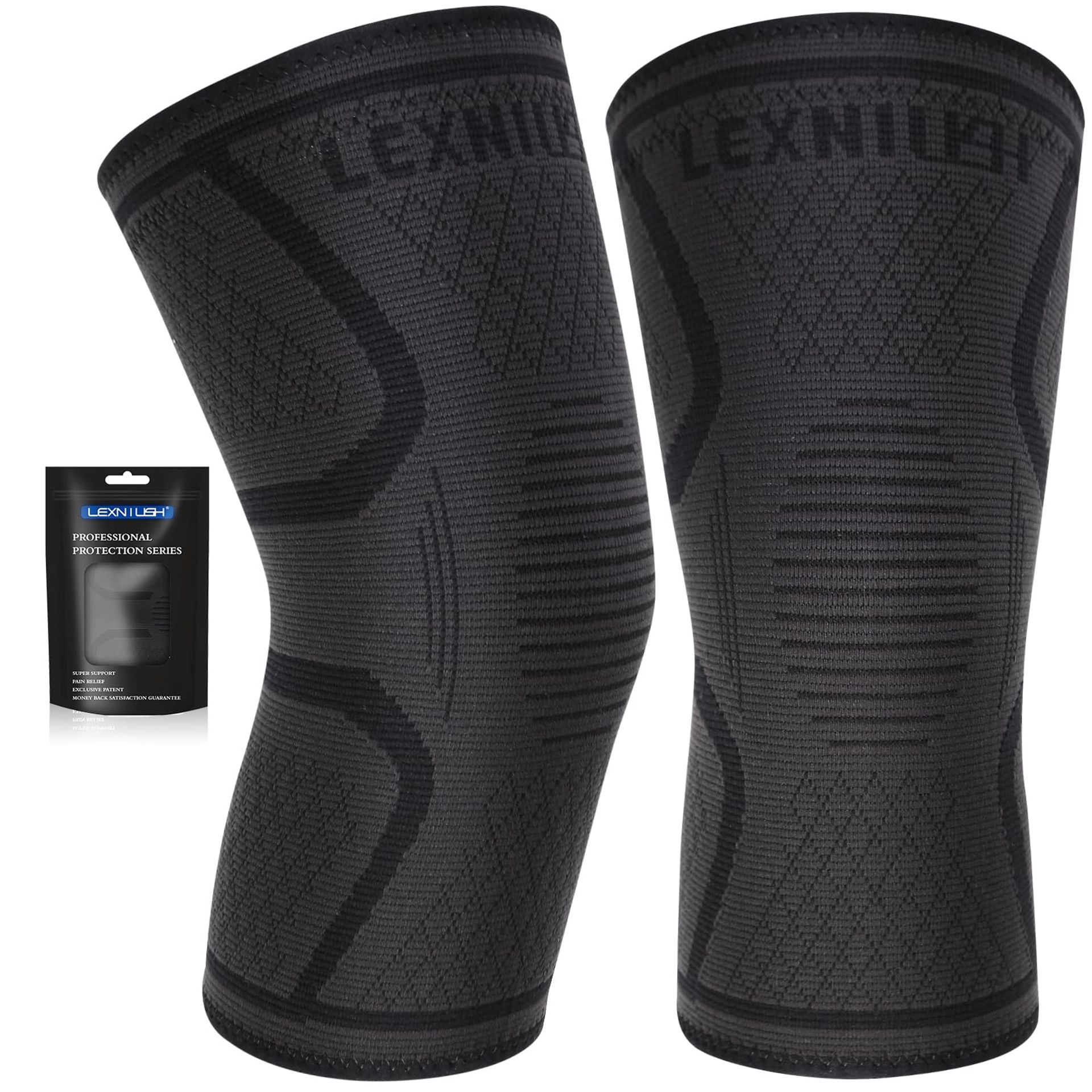 Lexniush Knee Support for Men/Women 2 Pack, Best Knee Compression Sleeve, Best Knee Brace for Arthritis, Meniscus Tear, Knee Pain, ACL, MCL, Ligament Damage, Running, Gym, Sports, Black, L