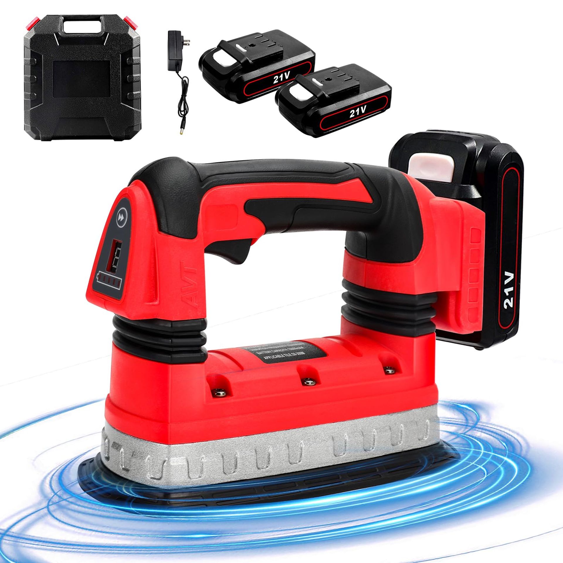 Cordless Tile Vibration Tool with 2x 1500mAh Batteries, 6 Speeds, LED Display, 50kg Adsorption, 300cm Tiles