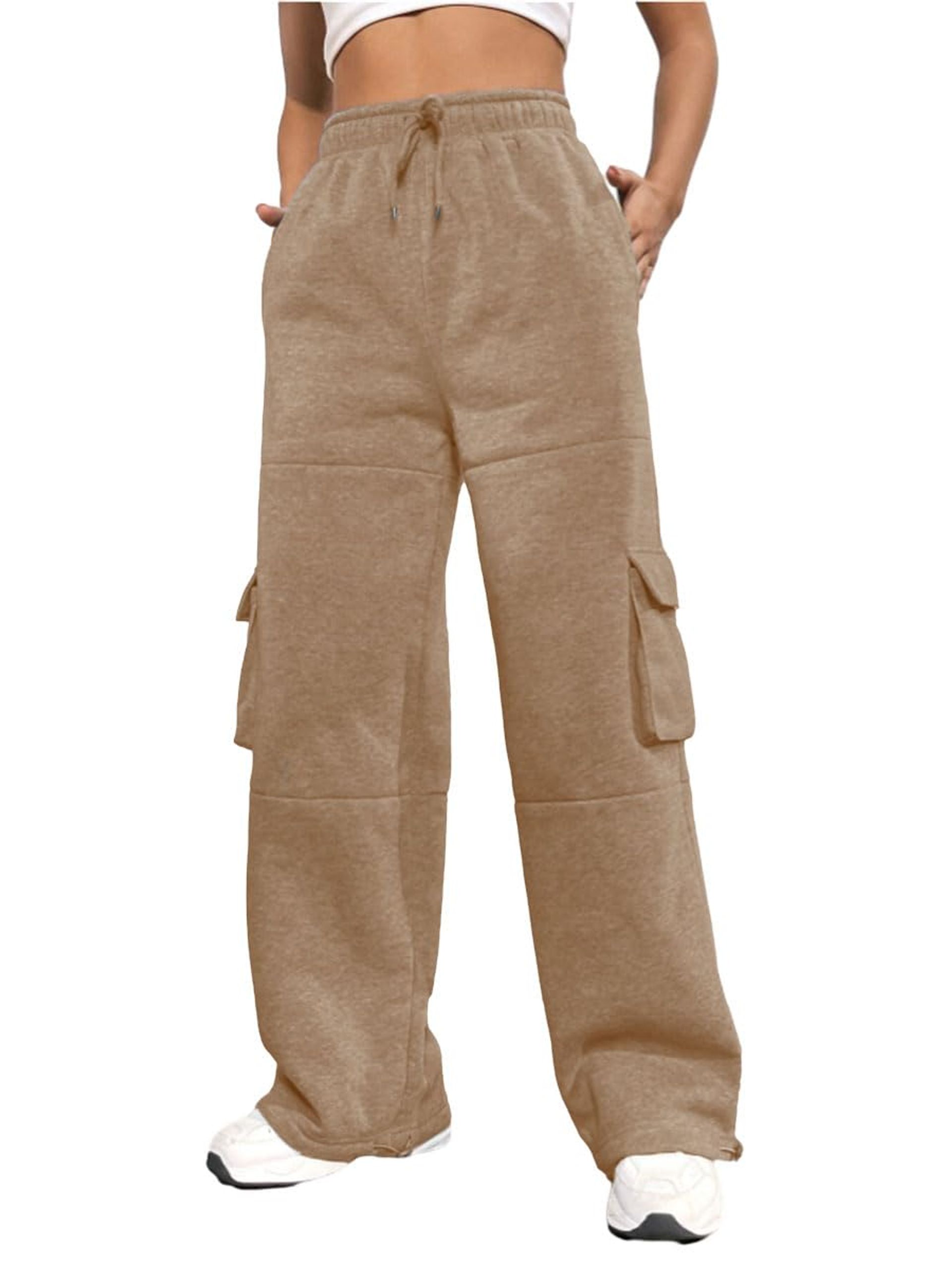 Women's Fleece Wide Leg Joggers 4 Pockets Adjustable Cuffed Sweatpants Lounge Wear - Khaki M