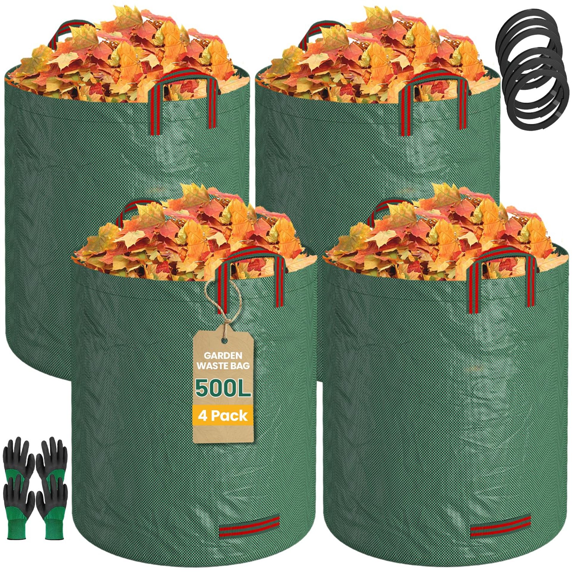Garden Lawn Leaf Waste Bags 4 Pack 109 Gallon Reusable Heavy Duty with Gloves and Handles - Green Yard Waste Bags