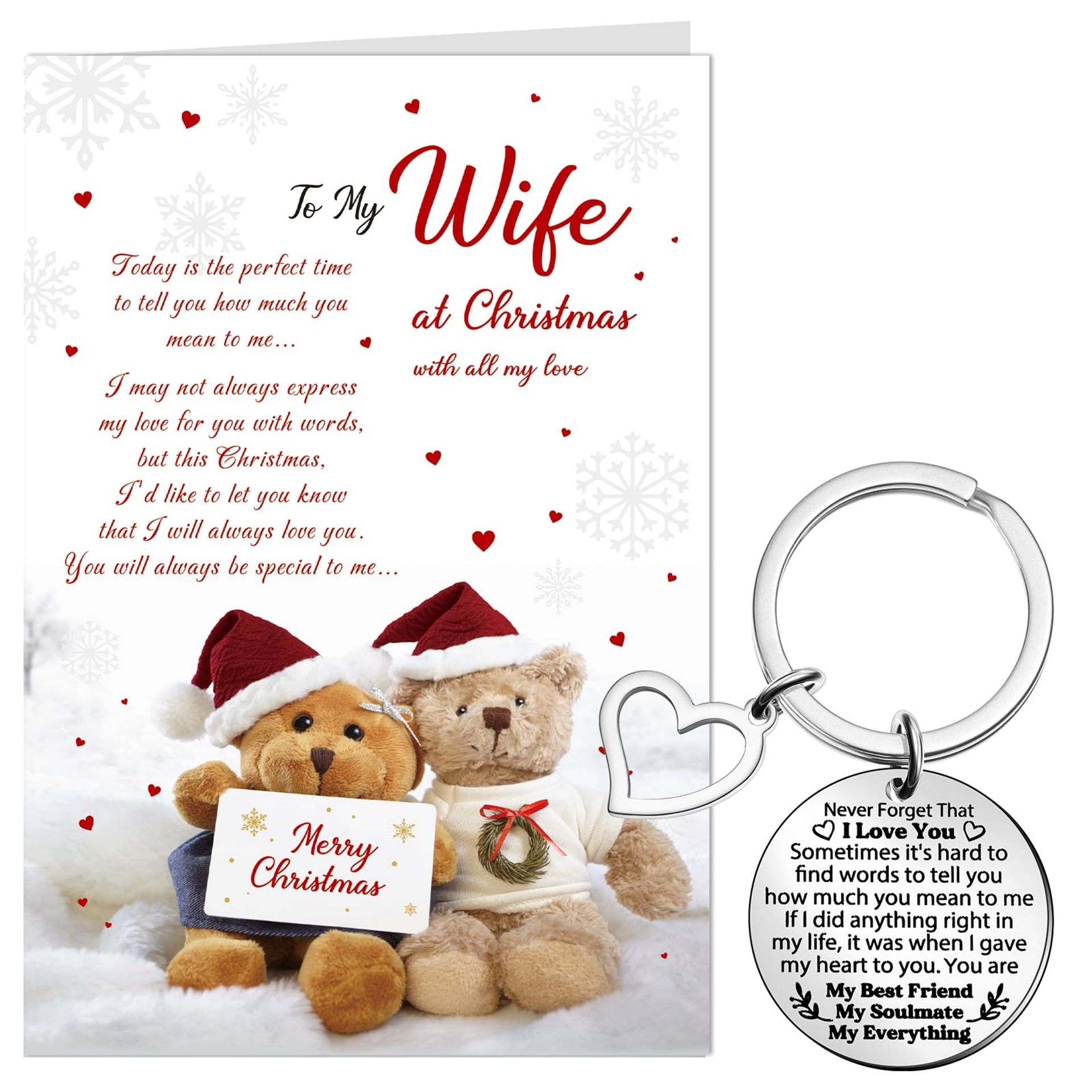 Christmas Card & Keyring Gift Set for Wife - Heartfelt Messages, Stainless Steel Keychain, Festive Envelope - Valentines