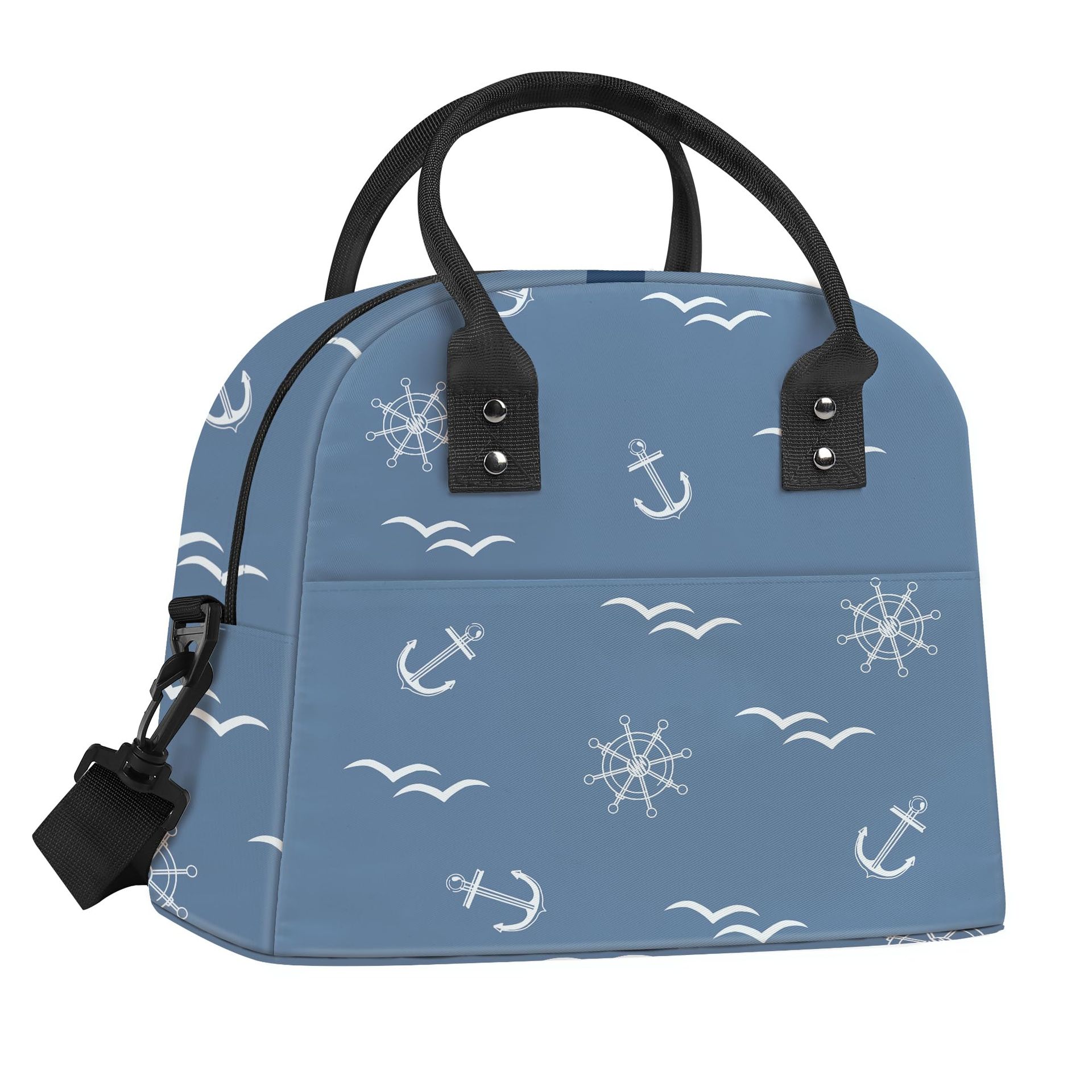 Large Insulated Lunch Bag - Blue Nautical Theme, Lightweight with Strap for Office, Picnic & Travel
