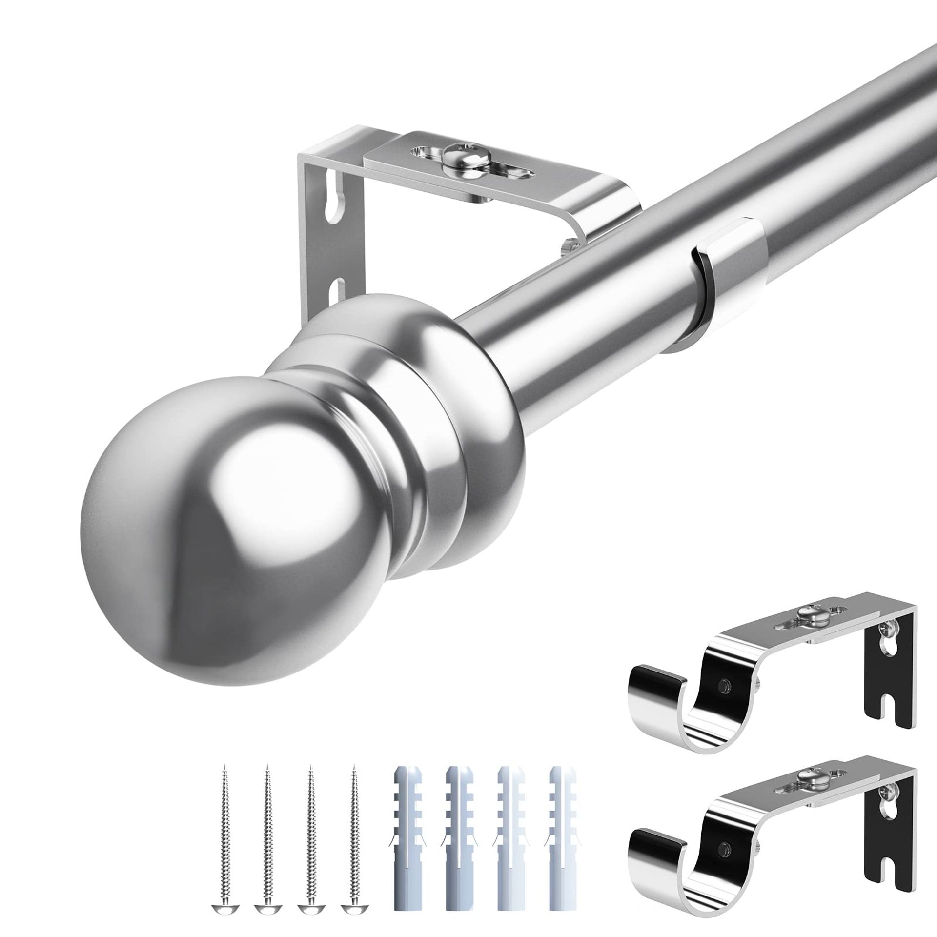 Curtain Pole Adjustable Single Rod 76-221cm with Round Finials Heavy Duty Decorative Window Fit - Silver 76-221cm
