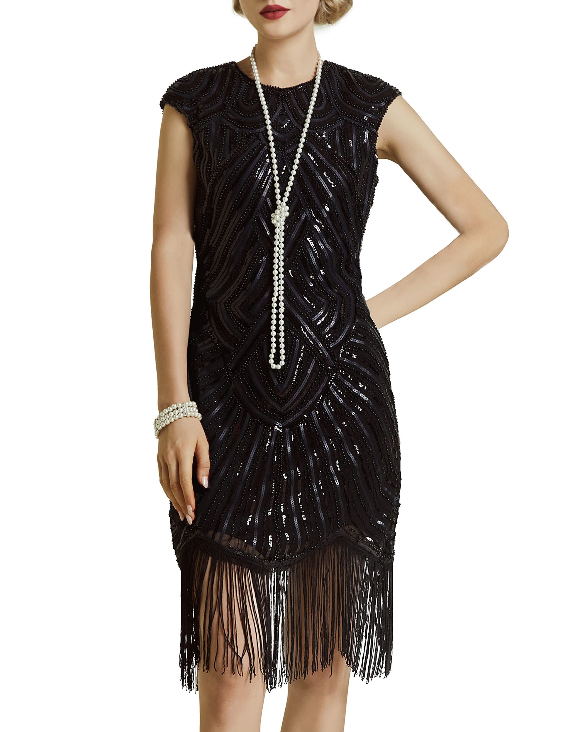 Women's 1920s Flapper Dress Beaded Sequin Tassel Great Gatsby Party Outfit - Black XL