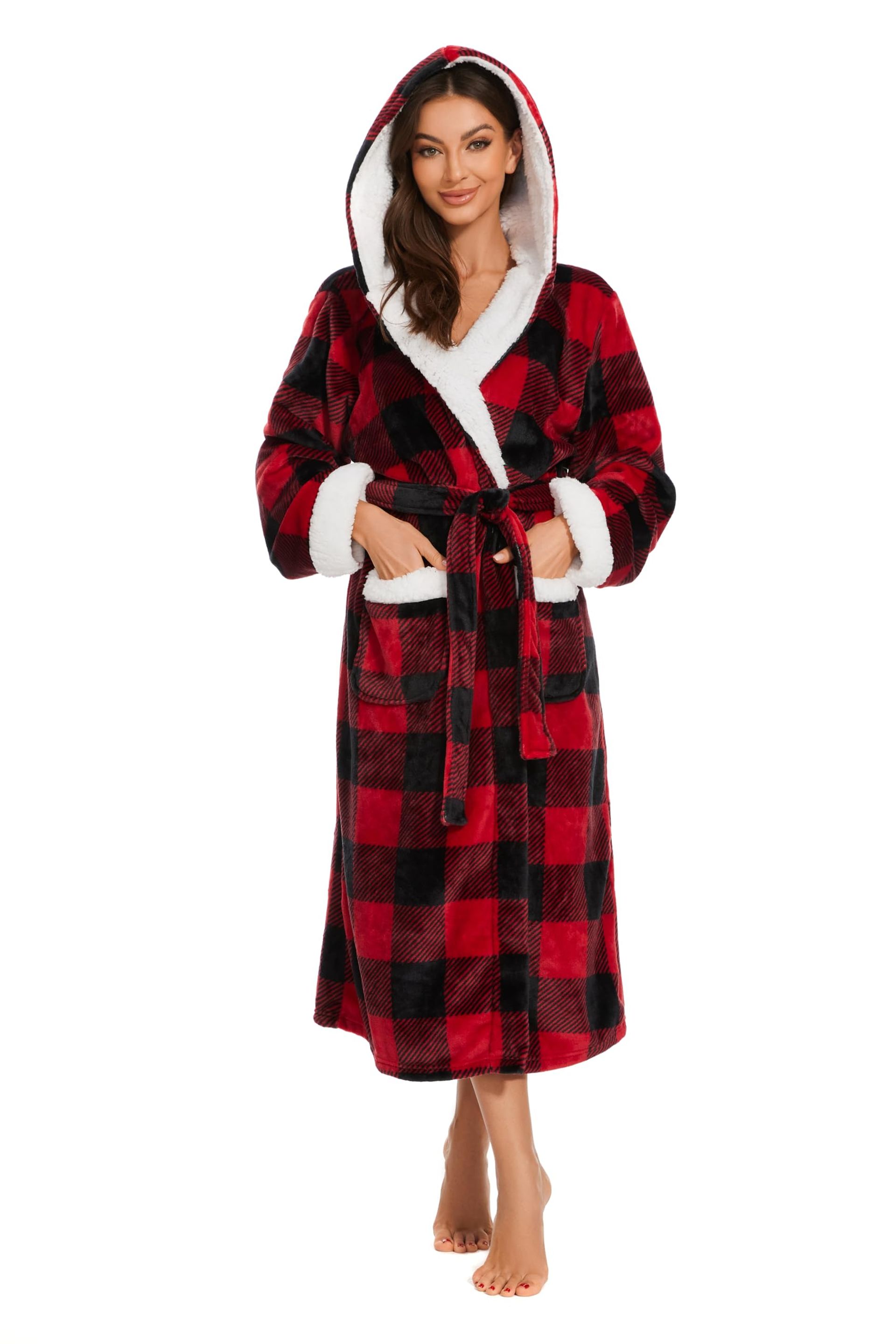 Women's Plush Fleece Dressing Gown Hooded Soft Warm Loungewear Robe - Plaid Red XXL