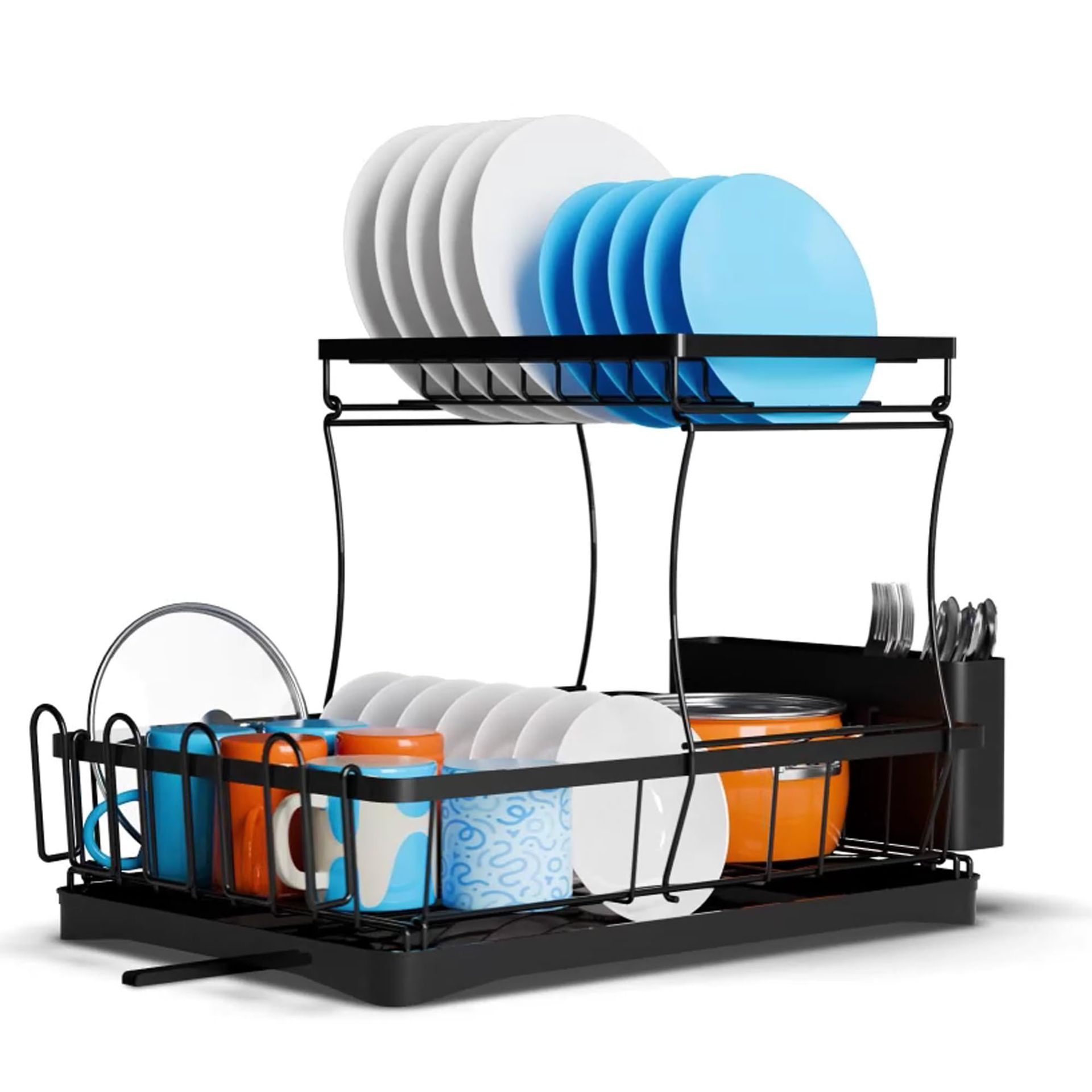 2-Tier Dish Drying Rack with Drip Tray & Utensil Holder - Space-Saving Black Steel Drainer for Sink