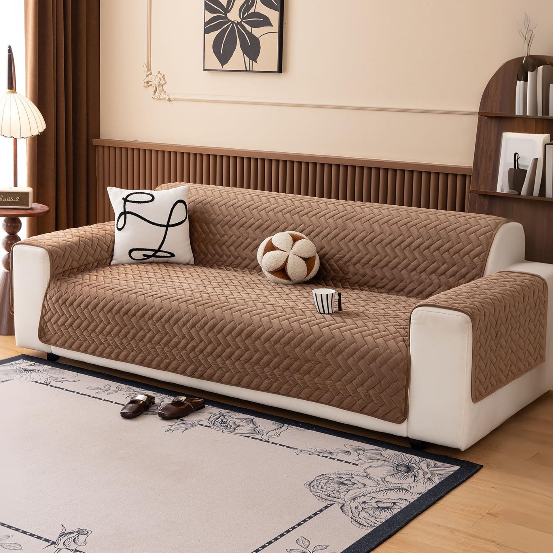 Sherpa Fleece Sofa Cover 3 Seater Non-Slip Couch Protector for Leather Sofas, Soft Fluffy Washable Slipcover - Camel 3 Seater