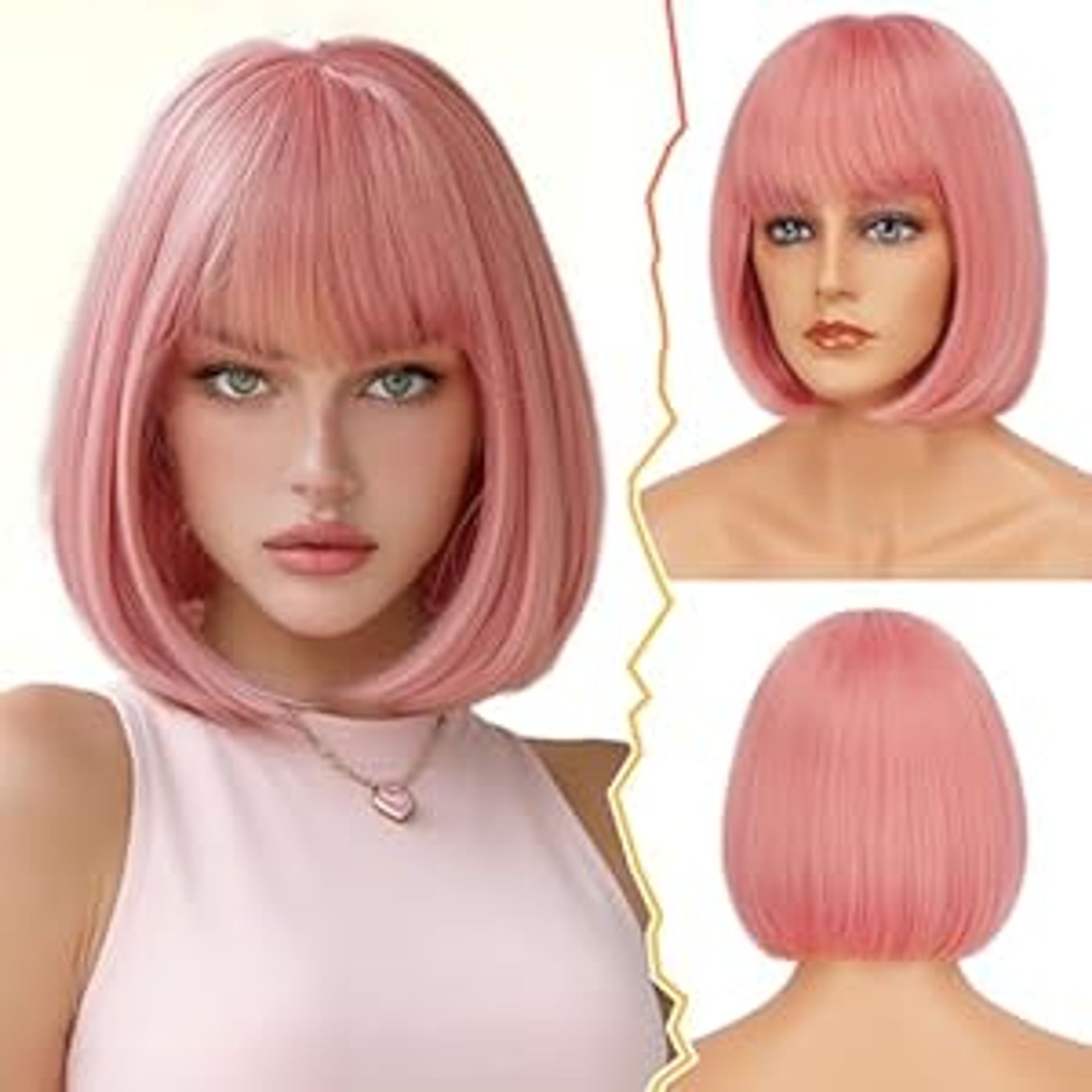 Short Bob Wig with Fringe Natural-Looking Heat-Resistant Synthetic Fibre - Pink 30cm