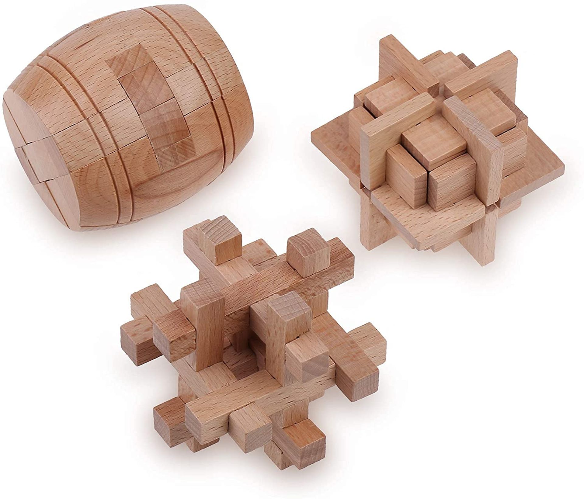 Wooden 3D Brain Teaser Puzzle Set for Adults & Kids Educational Mind Games - Natural Wood 8x7 inches