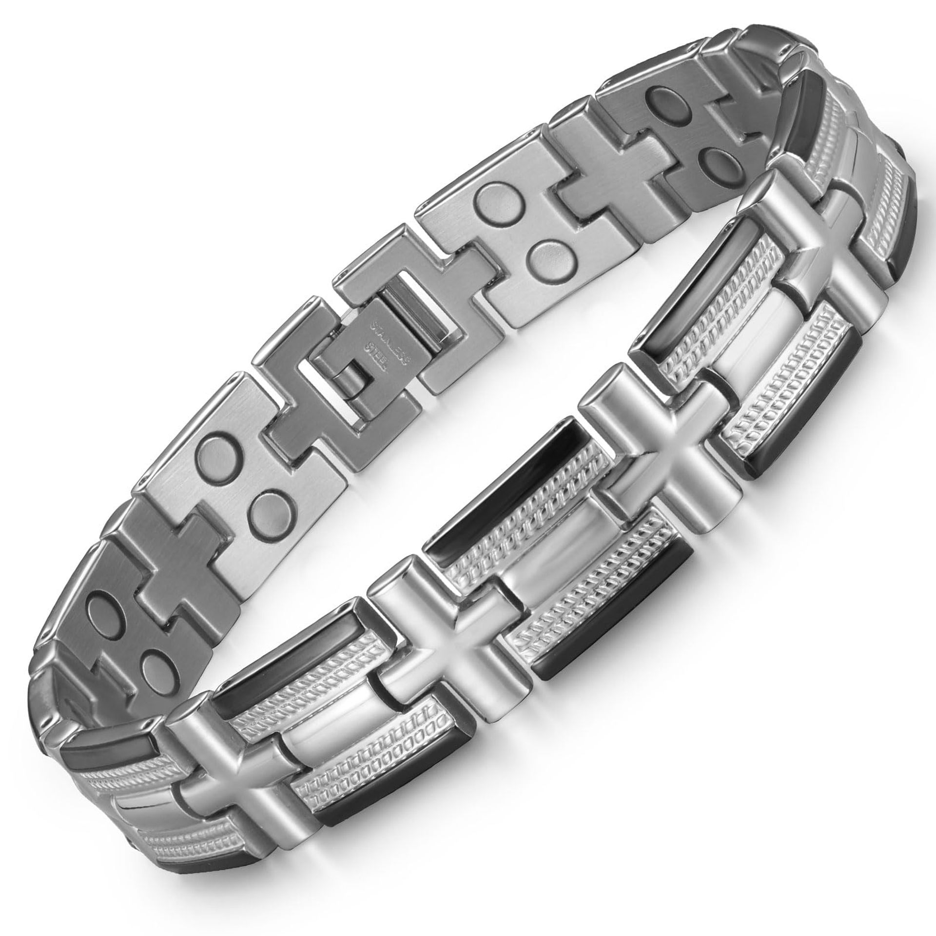 Men's Magnetic Therapy Bracelet 3500 Gauss Stainless Steel Double Row Cuff - Matte Black Silver Adjustable Design