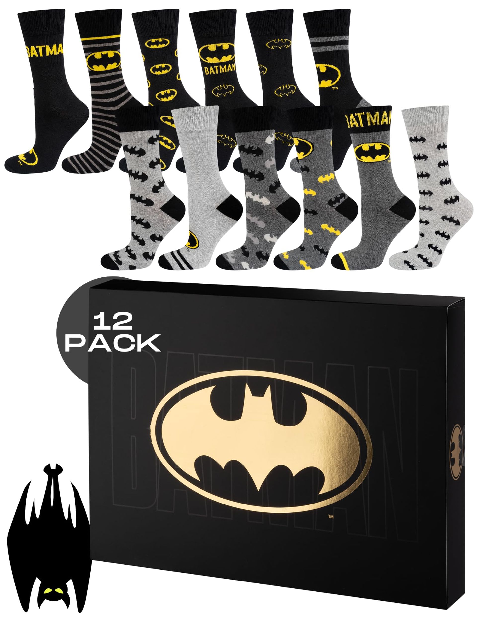 Men's DC Comics Batman Advent Calendar Socks Gift Set 12 Pairs Cotton Crew - Batman 12 Pieces UK 6.5-10.5