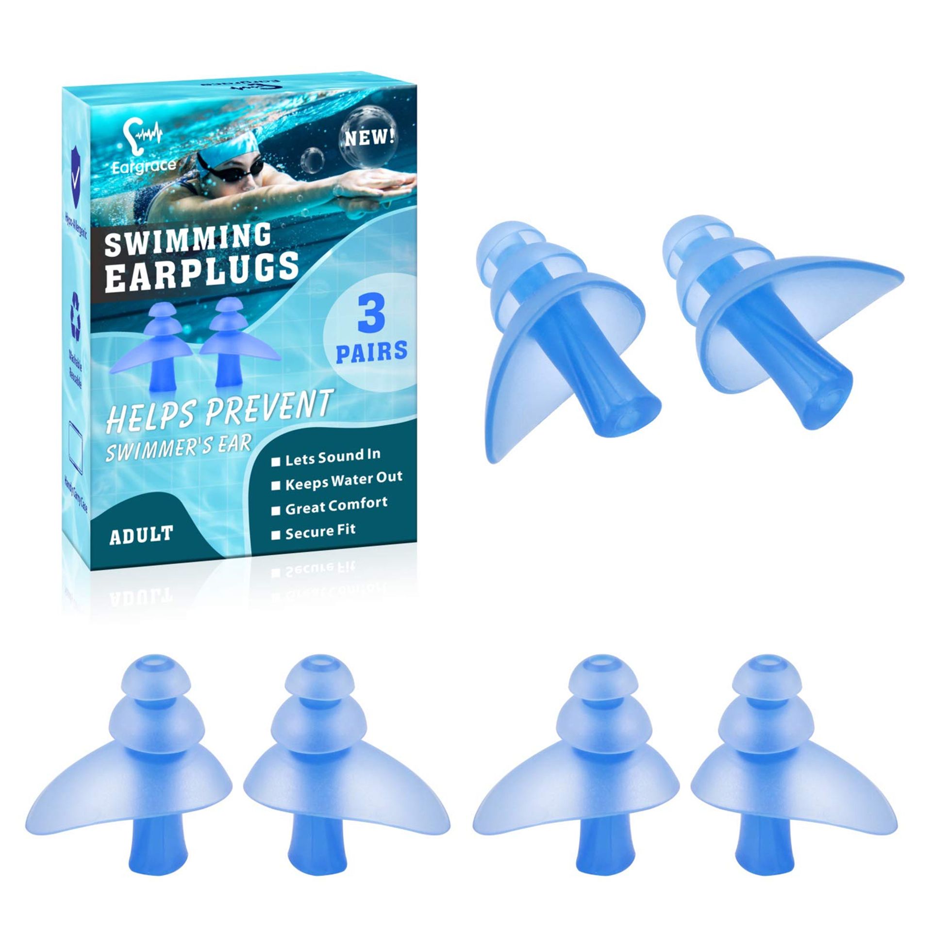 Waterproof Reusable Silicone Swimming Earplugs - 3 Pairs for Water Sports (Blue)