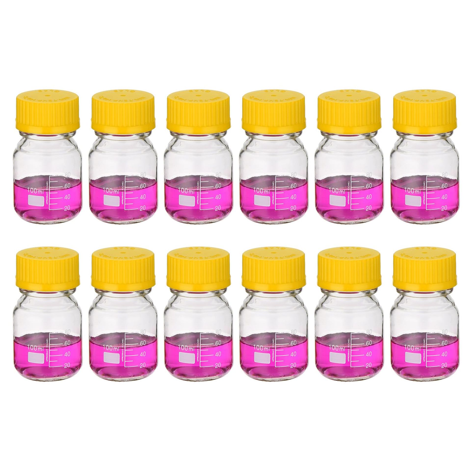 12 Pack Reagent Media Storage Bottles 100ml Borosilicate Glass with Graduated Scale and GL32 Screw Cap for Laboratory Use - Yellow 100ml