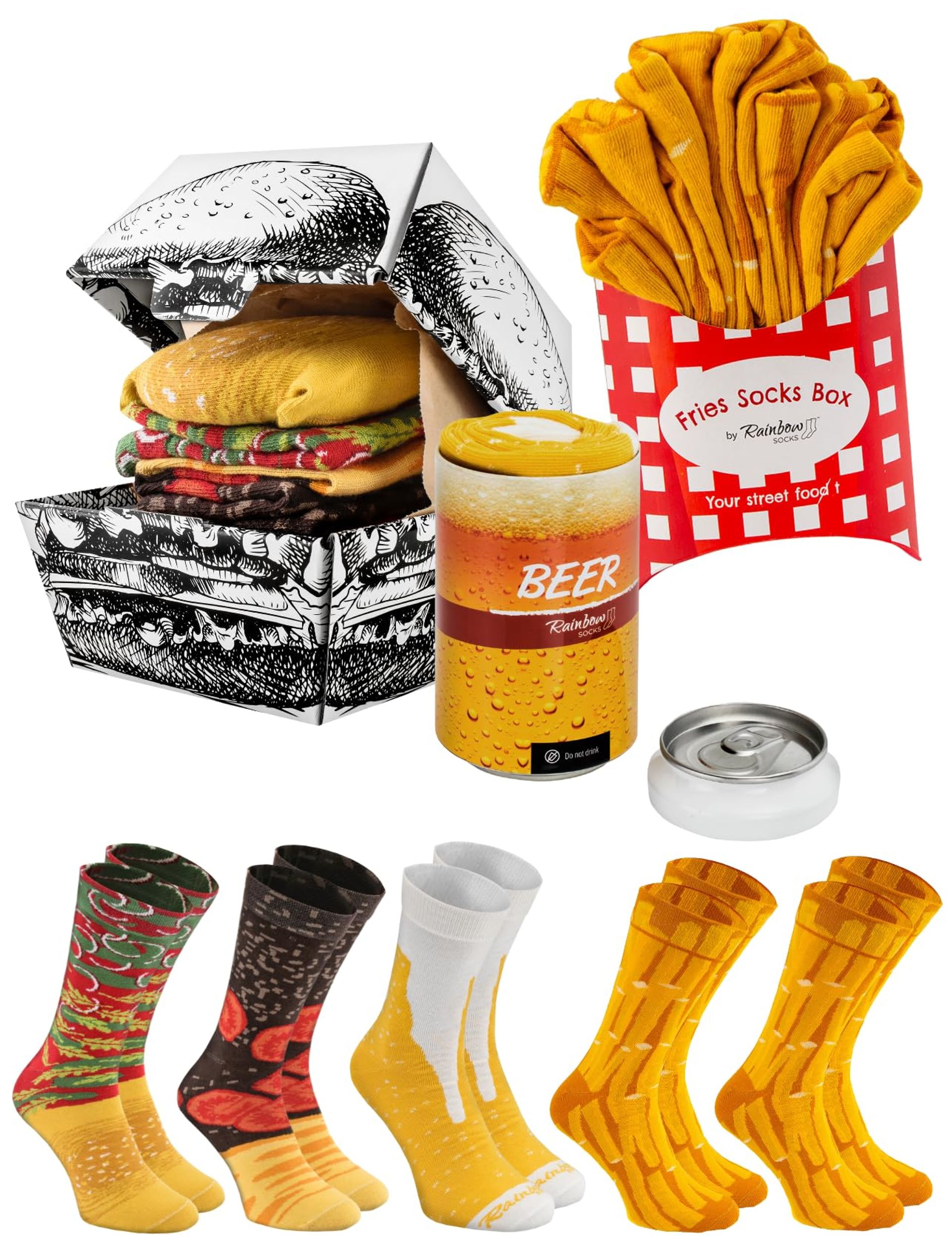 Funny Meal Socks Gift Set for Men & Women, 5 Pairs Burger, Fries & Beer Design, Size 4-7