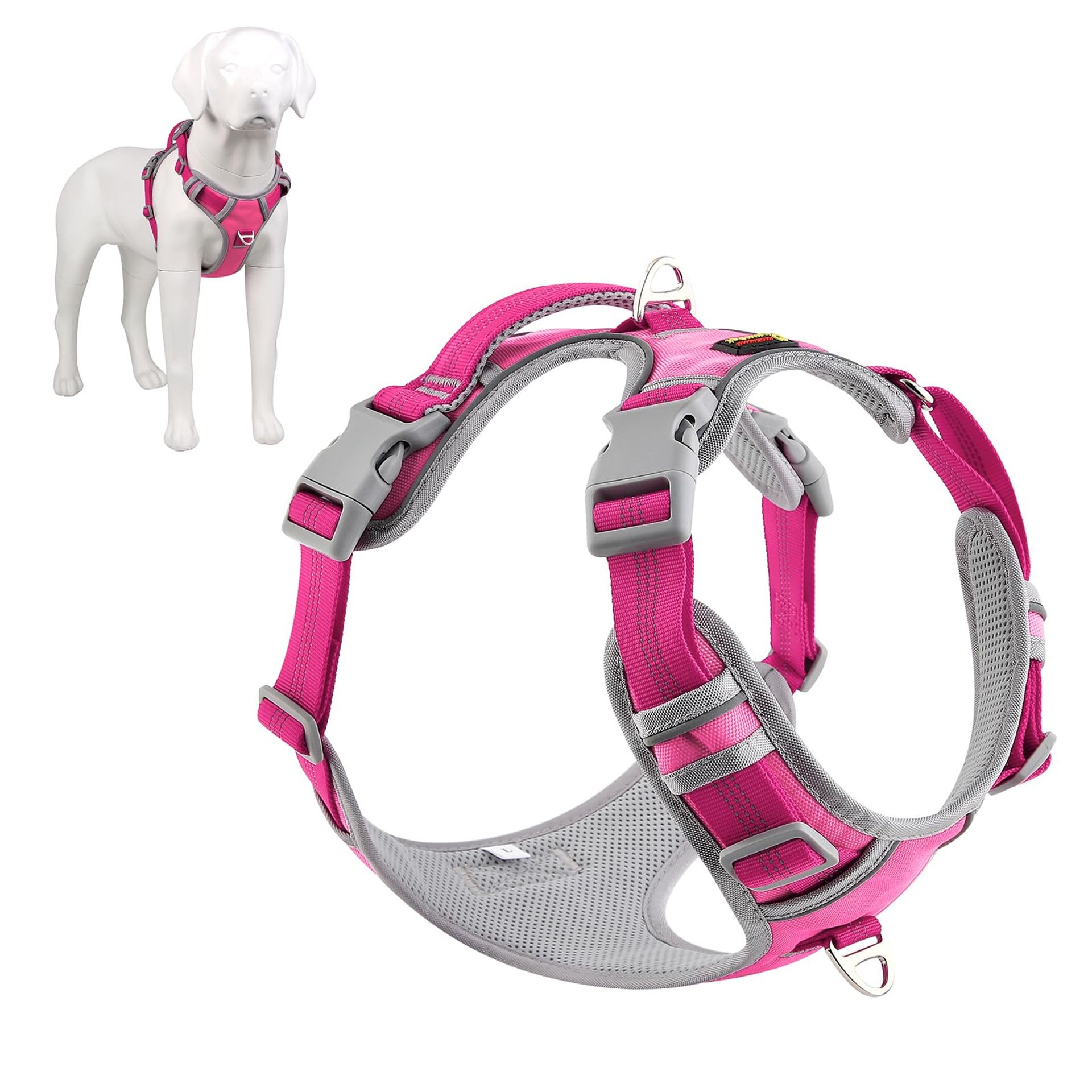 No Pull Dog Harness Reflective Adjustable Vest with Control Handle & Quick Neck Release for Easy Walking - Hot Pink Small