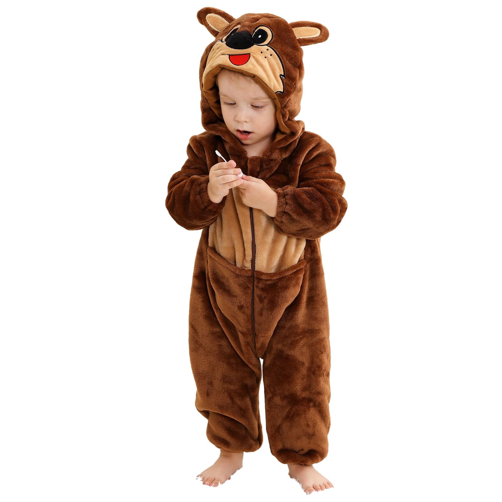 Baby Animal Hooded Flannel Jumpsuit Warm Zipper Onesie for Boys & Girls - Brown 0-6 Months