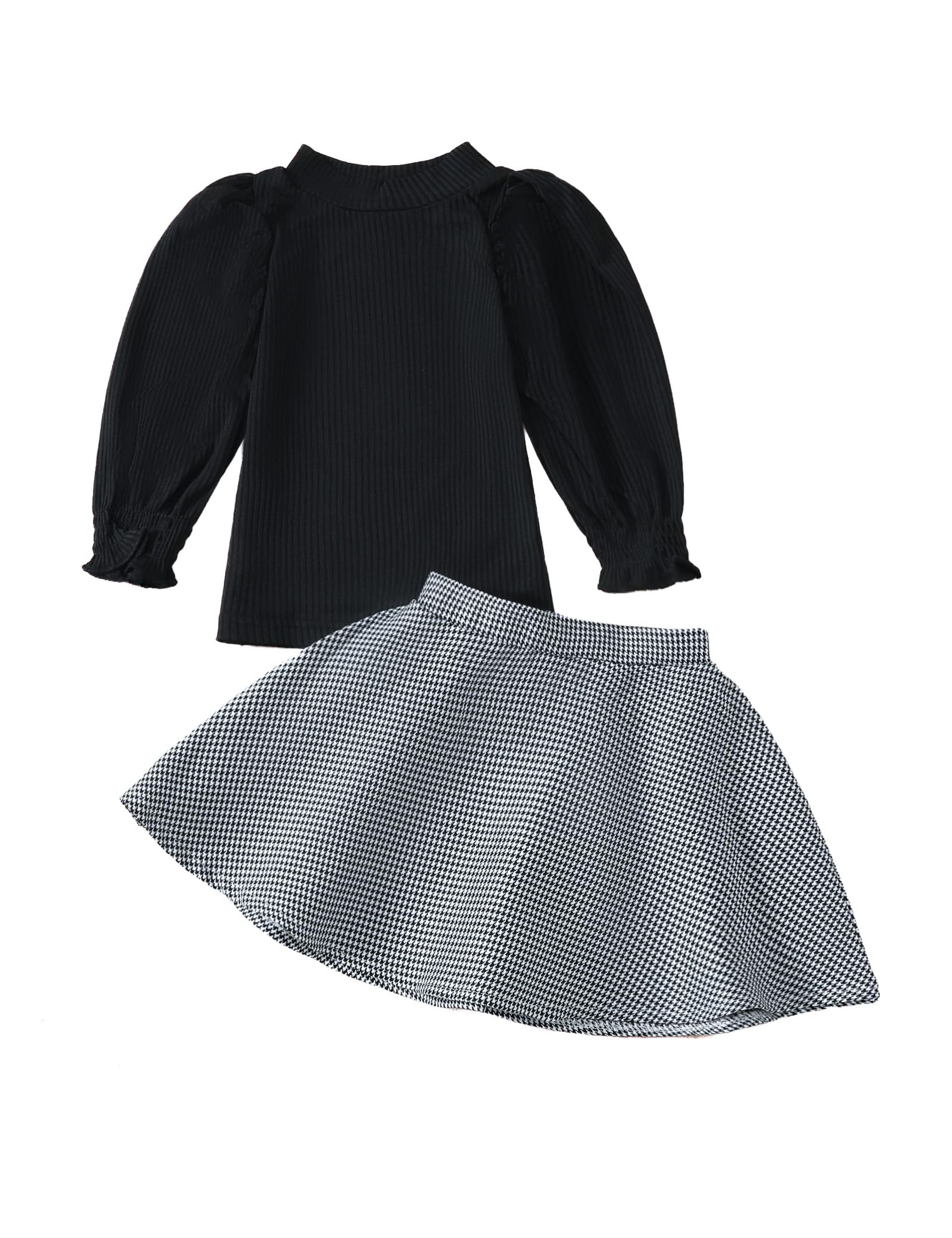 Girls' Black Ruffle Sleeve Top & Plaid Skirt Set - Casual, Birthday, Party Outfit (2-3 Years)
