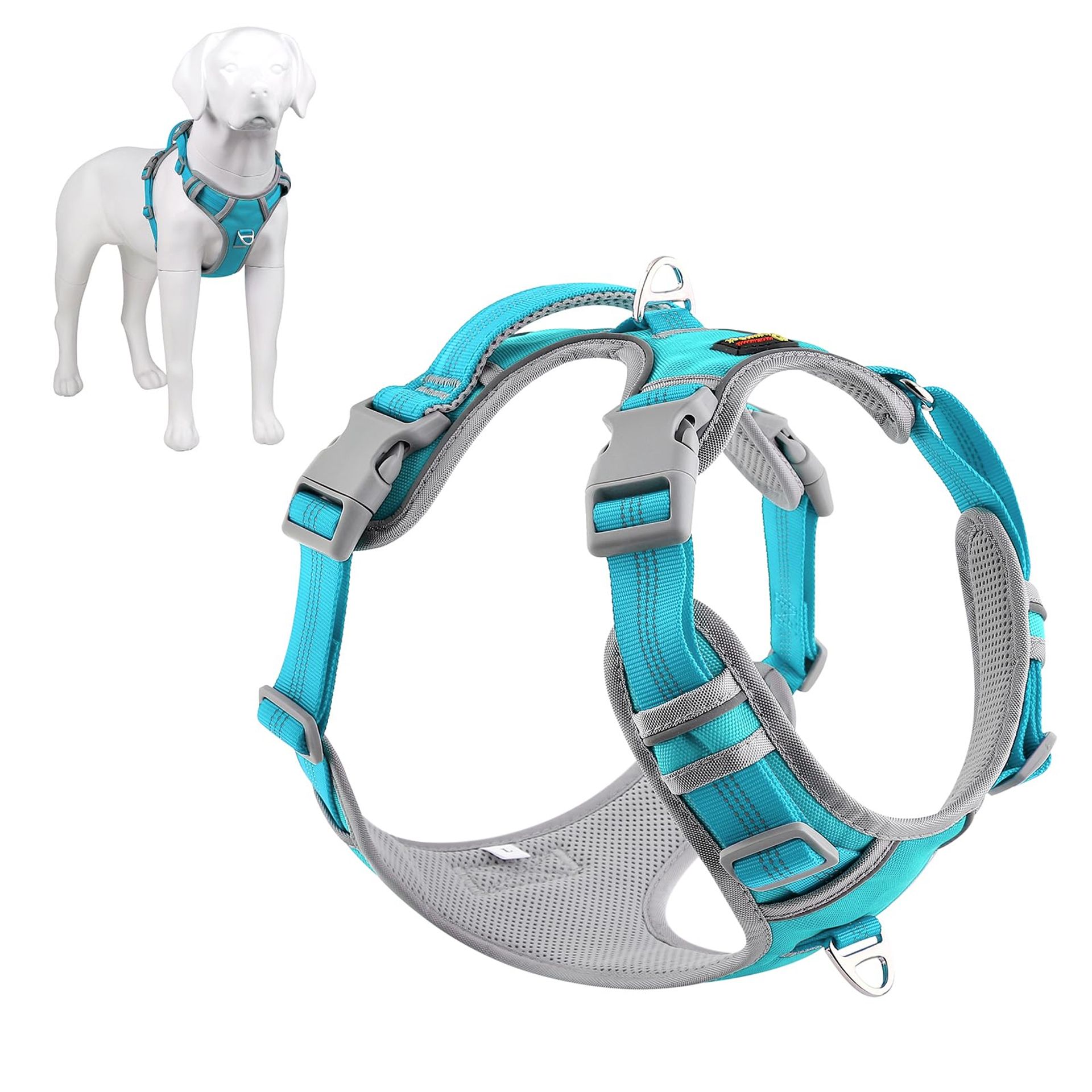 No Pull Dog Harness Adjustable Reflective Vest with Easy Control Handle - Cyan Large