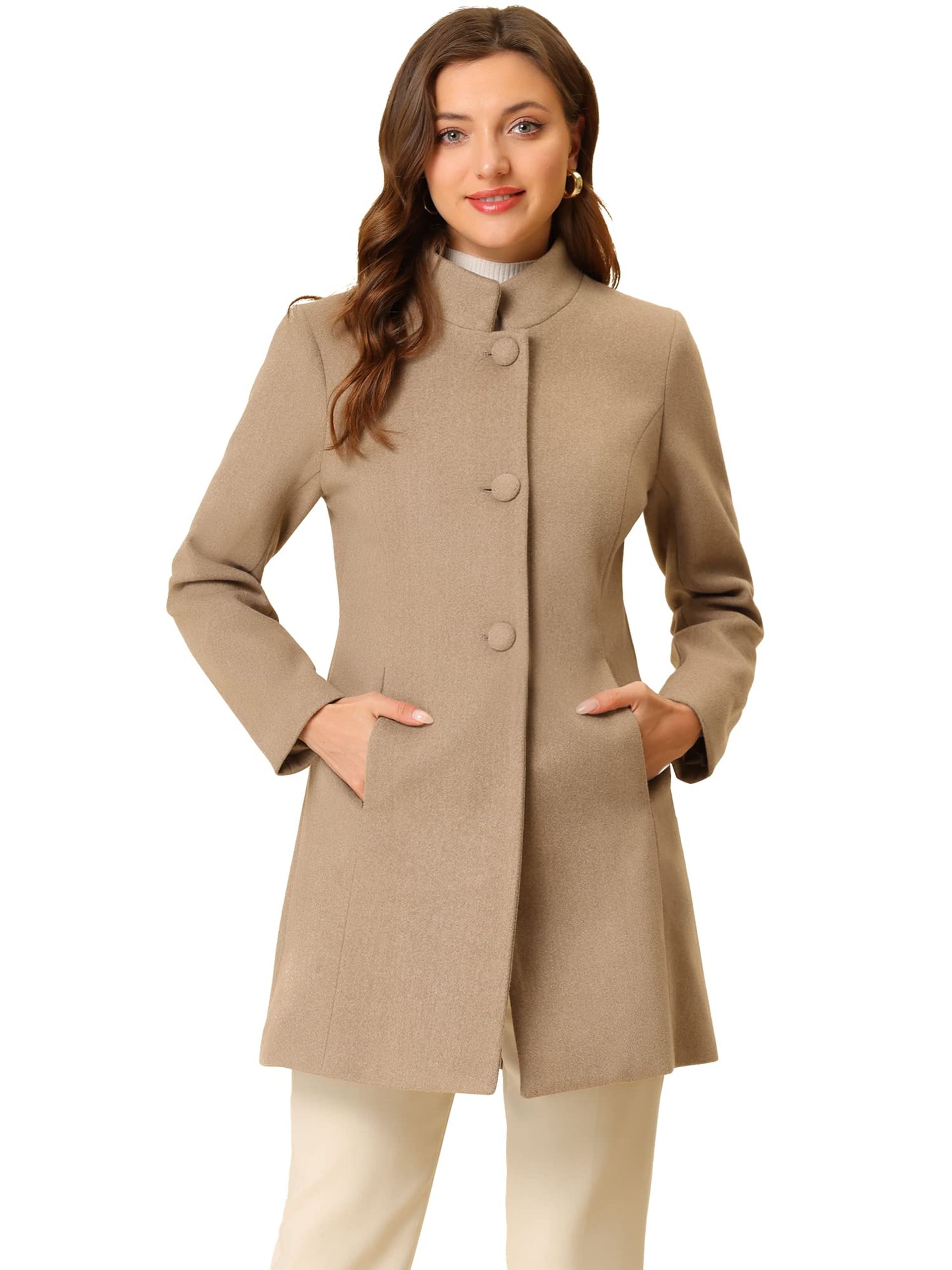 Women's Mid-Long Winter Overcoat Stand Collar Single Breasted Design - Light Brown L
